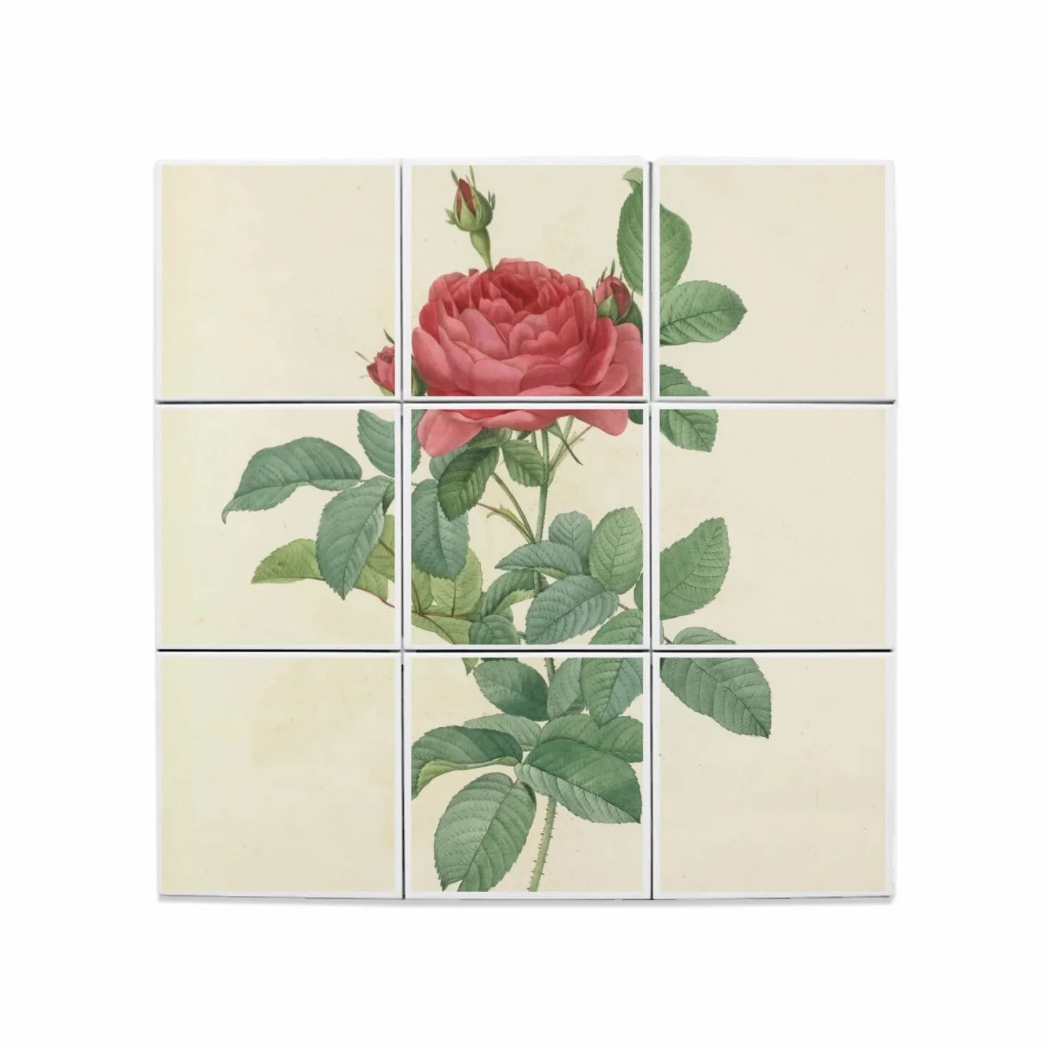 Zestaw 9 dekoracyjnych płytek ceramicznych 10,8 x 10,8 cm Różowa tablica antyczne kwiaty 32,4 x 32,4 cm
