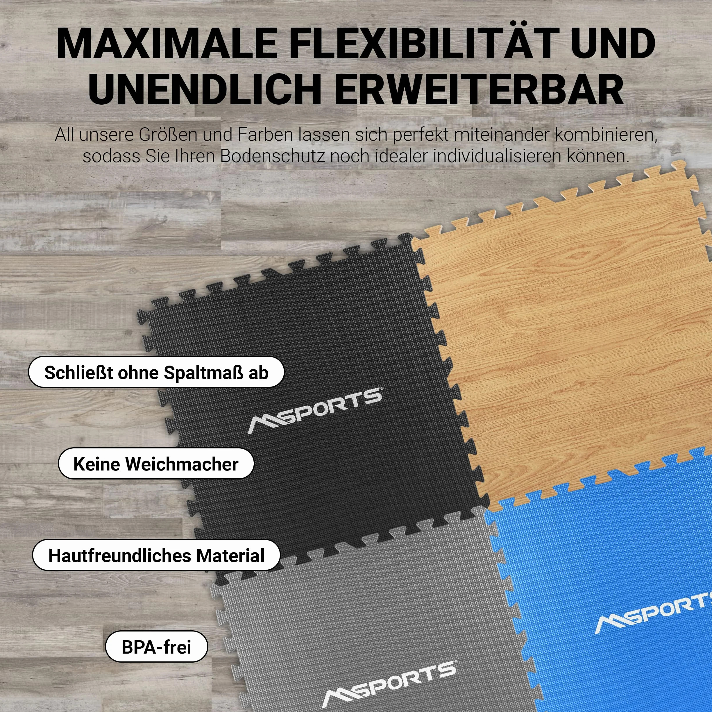 MSPORTS Maty ochronne na podłogę Premium – 8 mat ochronnych w różnych kolorach 3,175 m² | ochrona podłogi 60 x 60 cm wraz z końcówkami | grubość: 1,2 cm | mata gimnastyczna