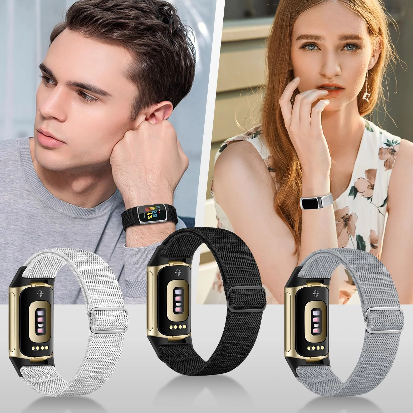 chinbersky Elastyczna bransoletka kompatybilna z Fitbit Charge 6 / Fitbit Charge 5, regulowana tkanina nylonowa, rozciągliwa, oddychająca, sportowa bransoletka do Fitbit Charge 6/Charge 5, dla kobiet