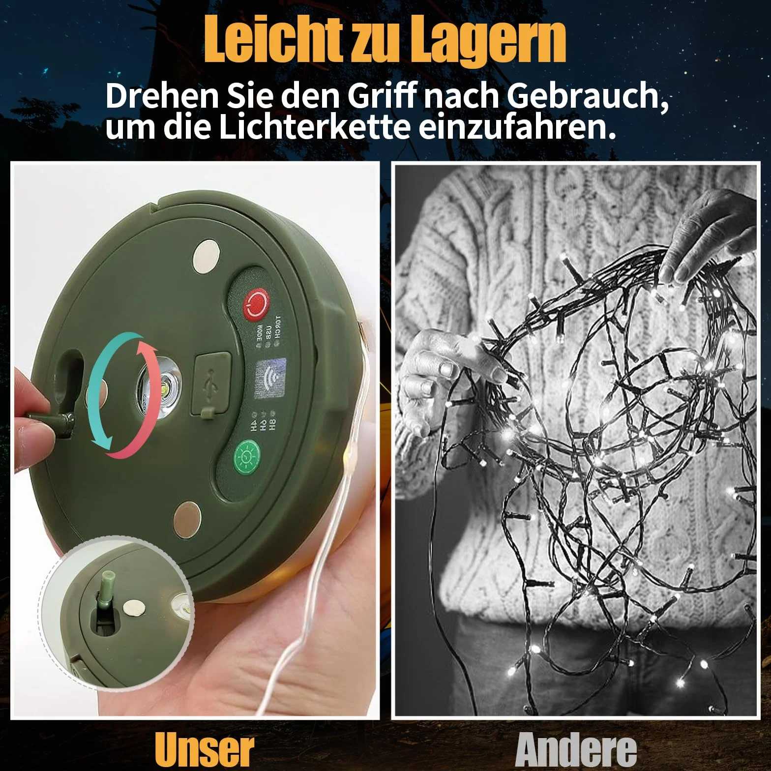 Łańcuch świetlny LED 10 m wodoszczelny na baterie ładowany przez USB zwijany na zewnątrz