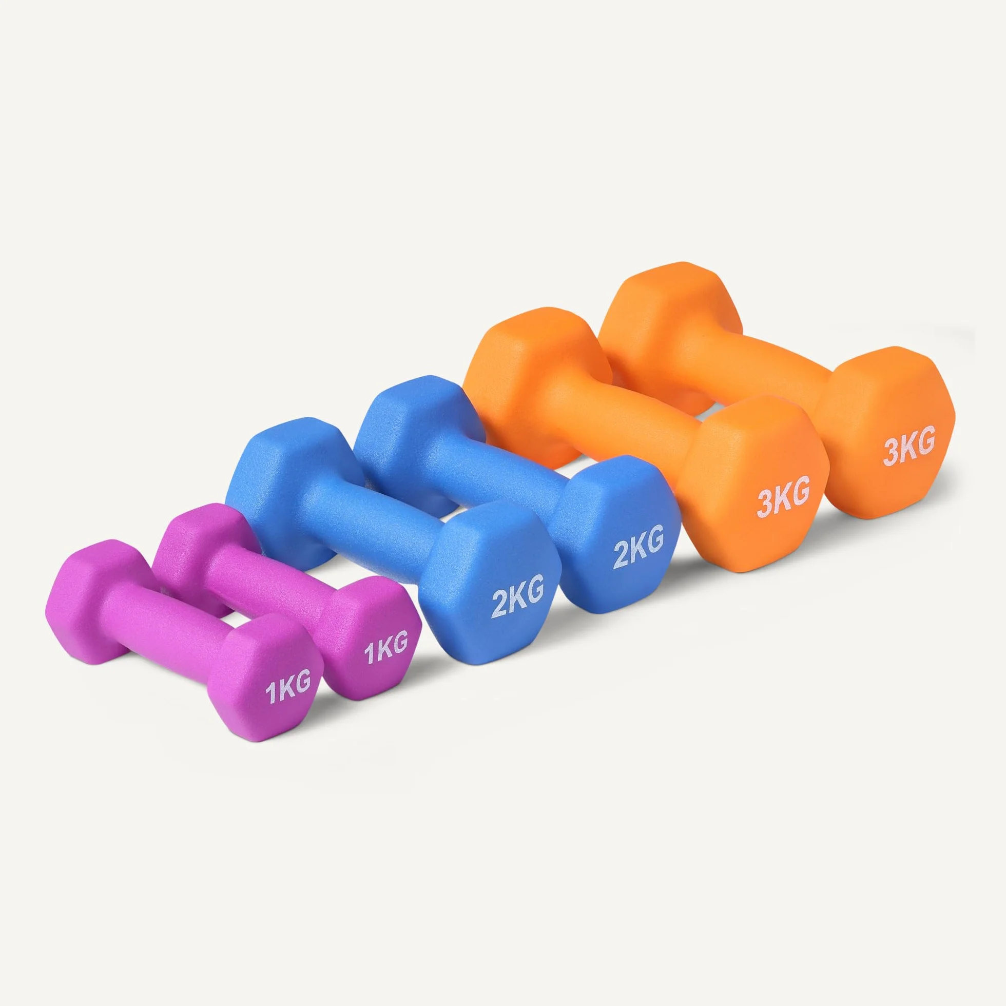 Amazon Basics Zestaw hantli z powłoką neoprenową ze stojakiem, 3 sztuki (1kg, 2kg, 3kg), wielokolorowy