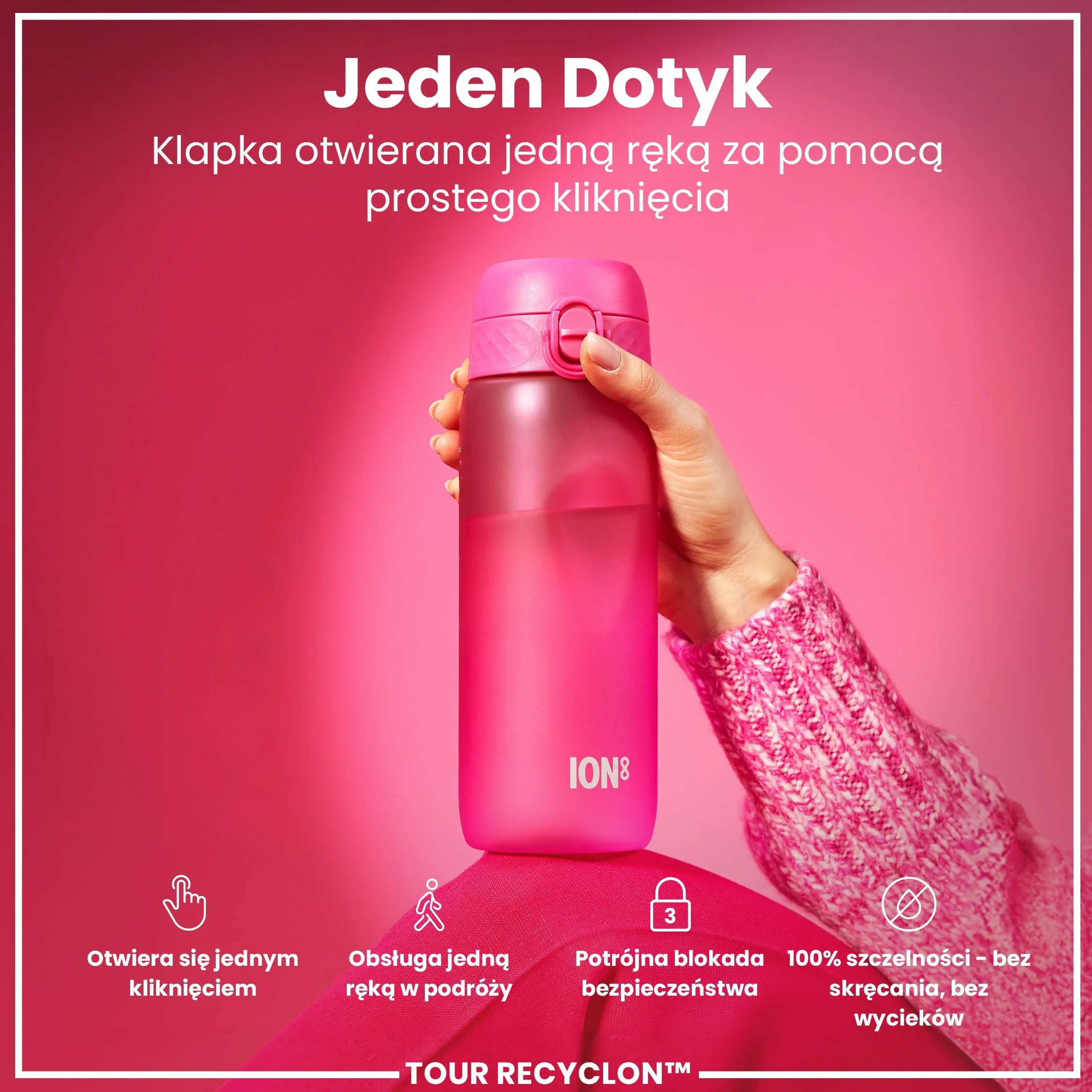 ION8 Butelka na Wodę, 750 ml/24 oz, Szczelna, Łatwe Otwieranie, Bezpieczny Zamek, Można Myć w Zmywarce, Bez BPA, Uchwyt do Przenoszenia, Chwyt z Konturami, Łatwa Czyszczenia, Bezwonny, Różowy