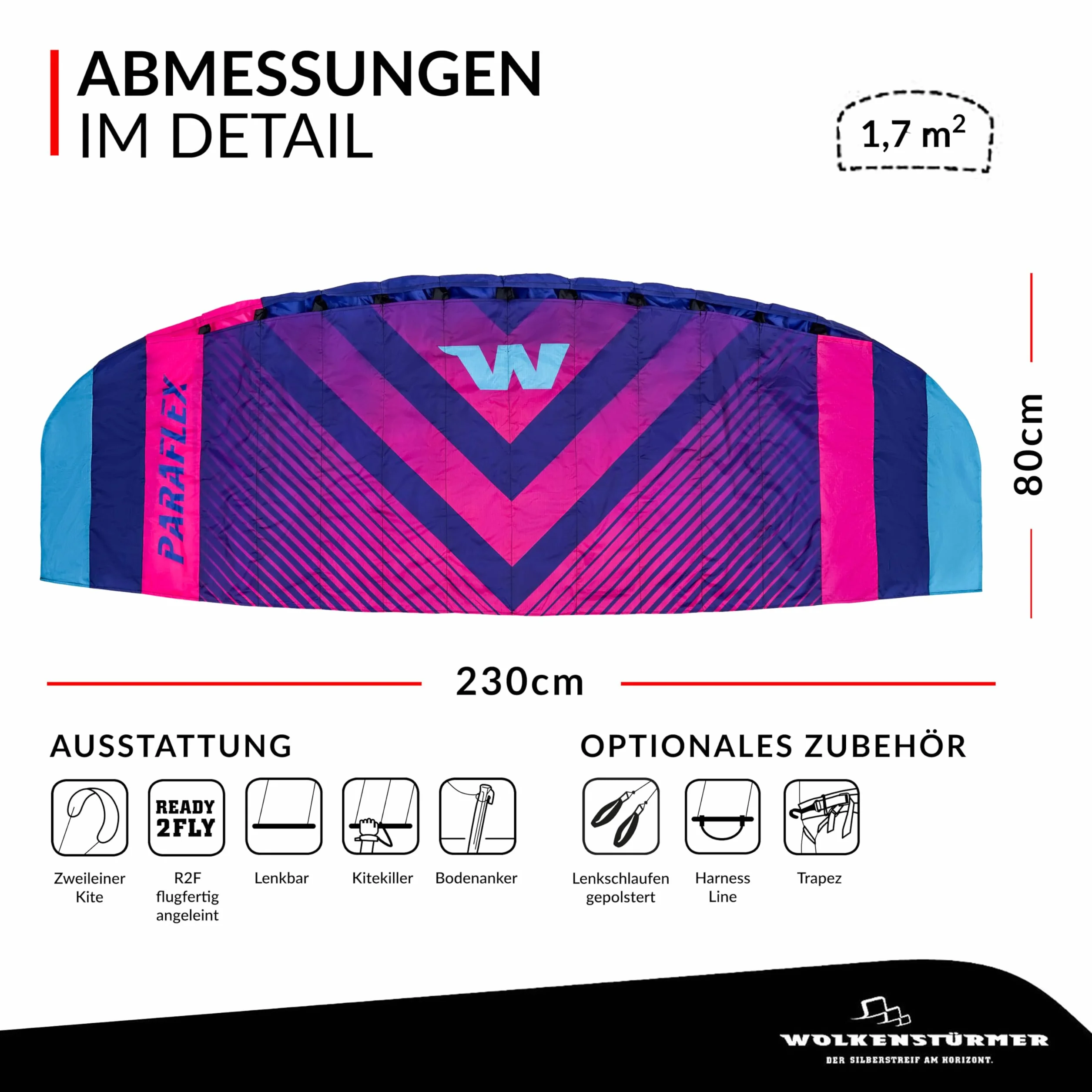 Wolkenstürmer Paraflex Sport 1.7 Latawiec, Niebieski - Skrzydło Trakcyjne - Mata pilotażowa z odpornymi na rozdarcia nitkami