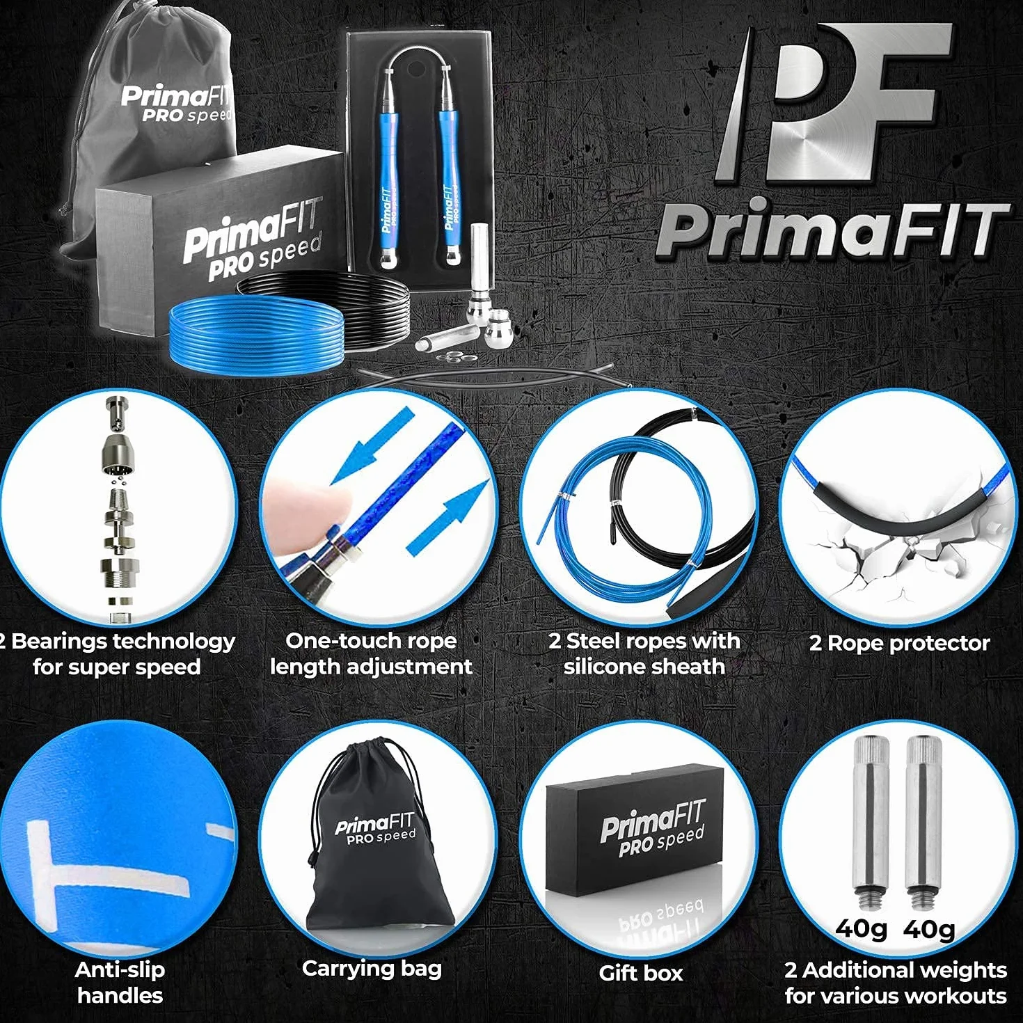PrimaFIT Skakanka dla dorosłych Fitness Pro Speed Jump Rope 3 m, regulowana z obciążnikami, 2 łożyskiem kulkowym i antypoślizgowymi uchwytami, profesjonalna skakanka do boksu, MMA, crossfit, ekstra