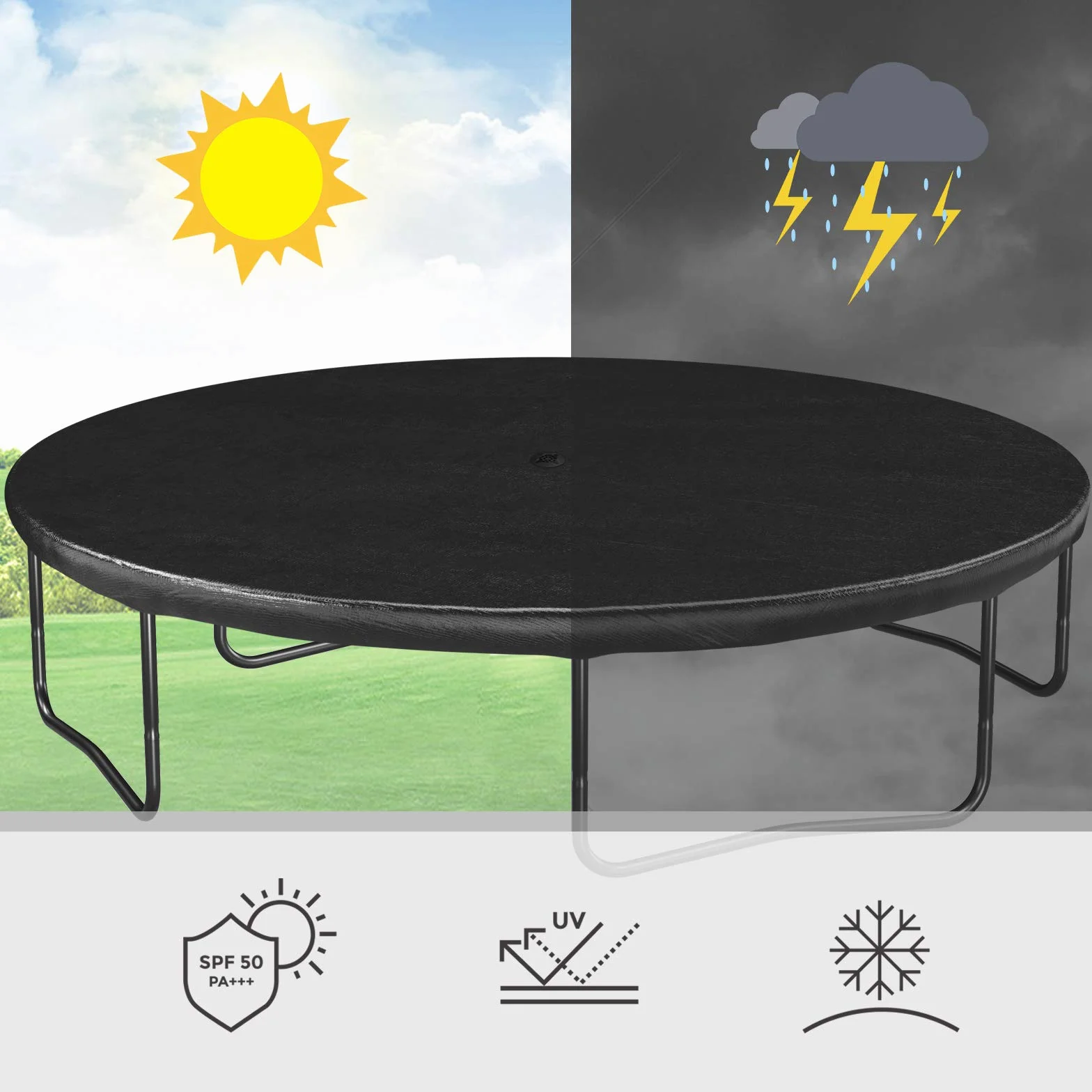 SONGMICS Osłona Ø 244 305 366 cm na trampolinę, plandeka z otworami odpływowymi, plandeka chroniąca przed słońcem, liśćmi, śniegiem i brudem, elastyczne taśmy i haczyki, czarna