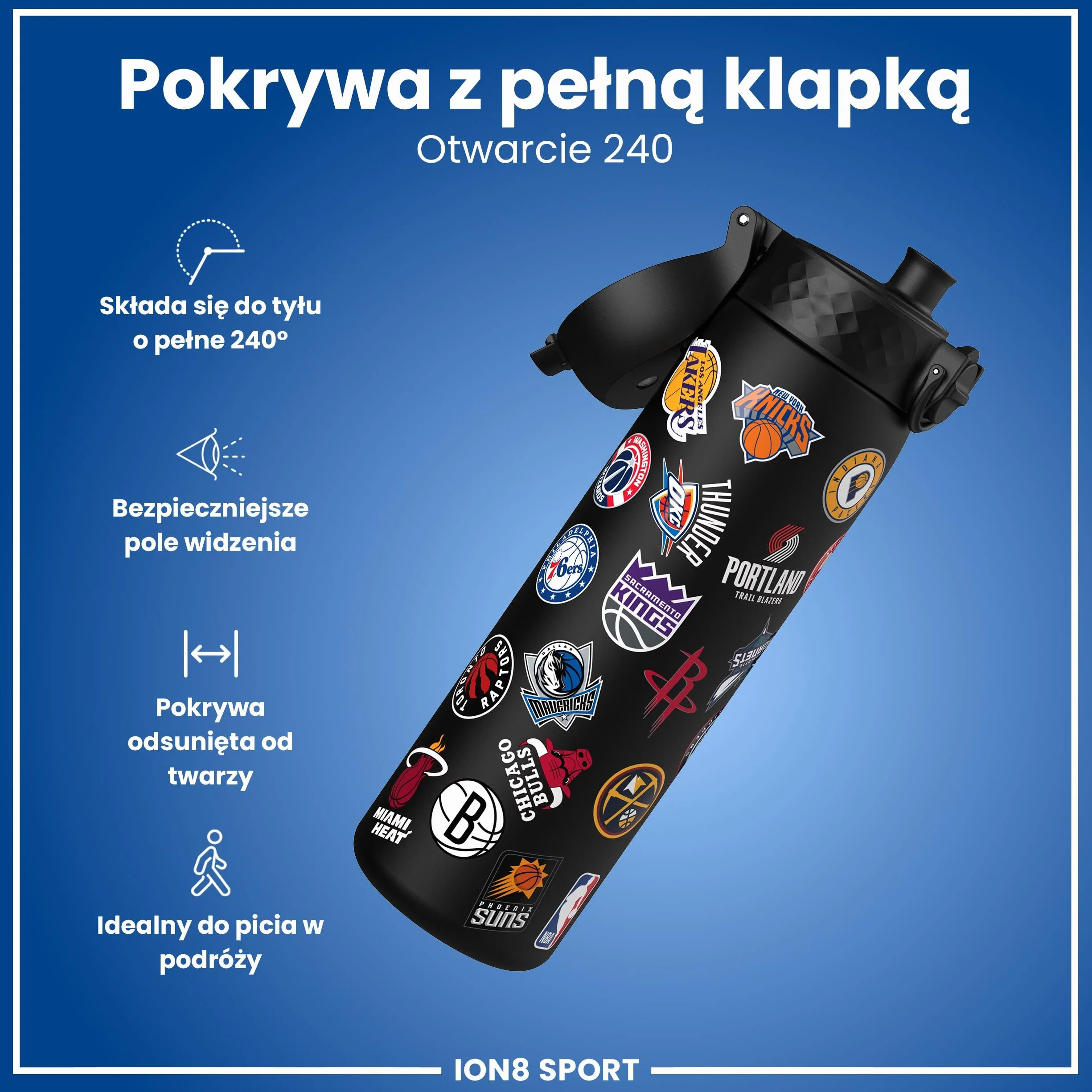 NBA Wiele Zespołów Butelka na Wodę, 500 ml/18 oz, Szczelna, Łatwe Otwieranie, Bezpieczny Zamek, Można Myć w Zmywarce, Bez BPA, Higieniczne Pokrycie, Uchwyt do Przenoszenia, Łatwa Czyszczenie