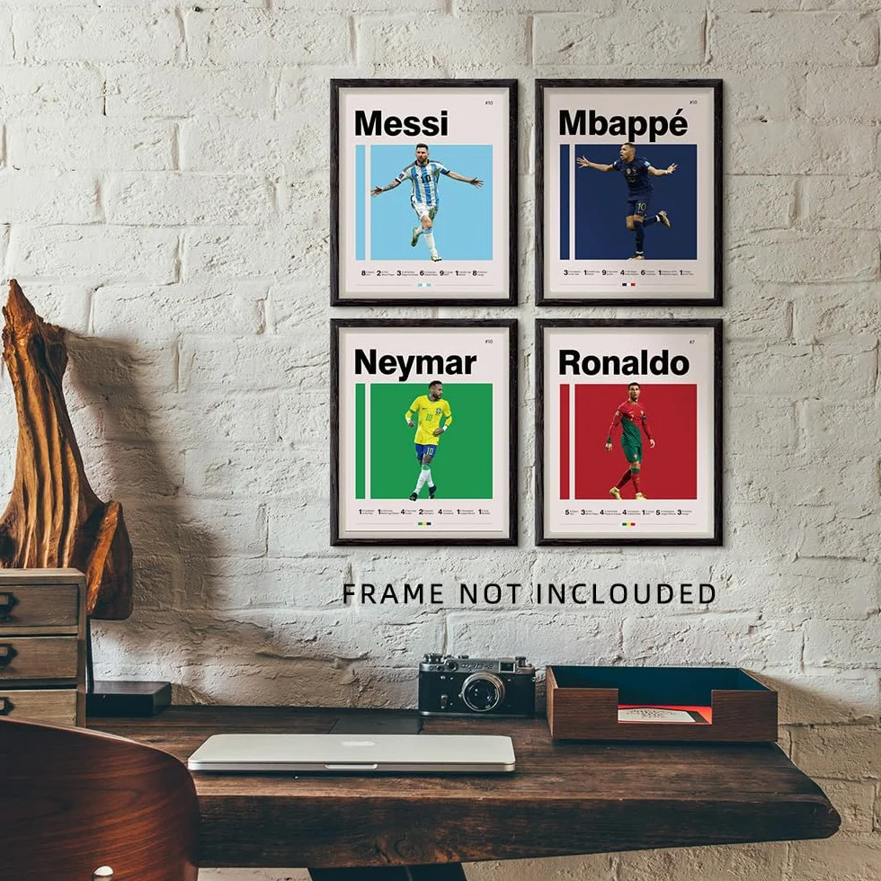 Plakaty piłkarskie 8x10 calowa Druki płótna Nieoprawiony zestaw 4 - Messi, Ronaldo, Mbape i Neymar Słynna piłka nożna Plakat supergwiazdy Dekoracja sportowa Sztuka ścienna dla chłopców w sypialni