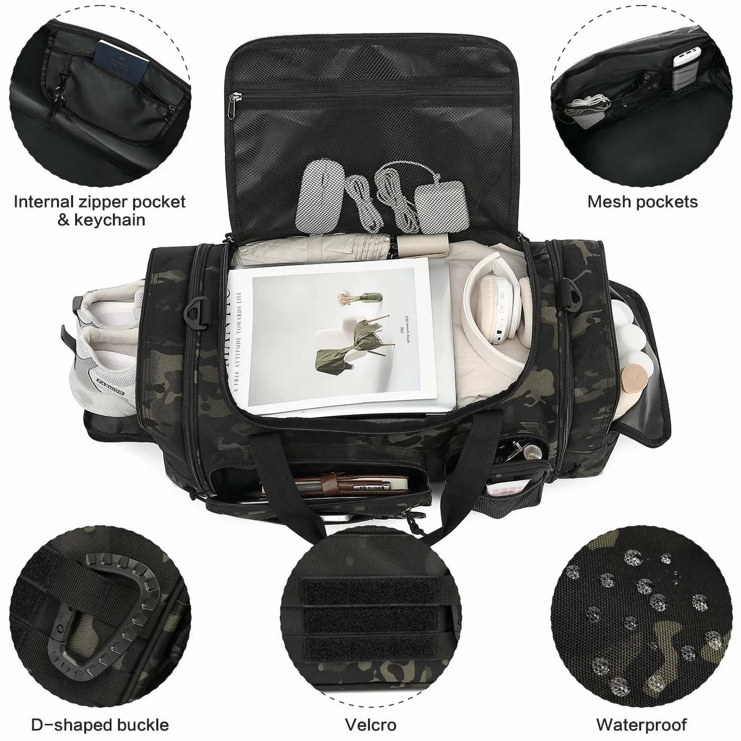 Męska taktyczna torba sportowa 50-55 l, rozciągliwa, duża torba fitness 3 w 1, wojskowa torba podróżna, Kamuflaż, 68.5 cm x 26.5 cm x 30.5 cm, podróże, siłownia, sport, kemping, weekend