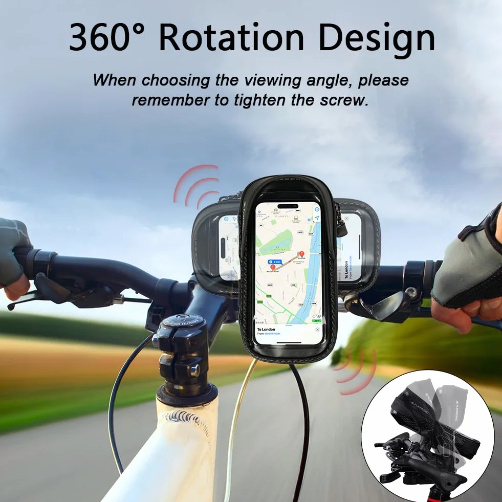 Flintronic Wodoodporny uchwyt na telefon rowerowy 360° ramka na kierownicę z ekranem dotykowym i osłoną przeciwsłoneczną do smartfona poniżej 6,4 cala