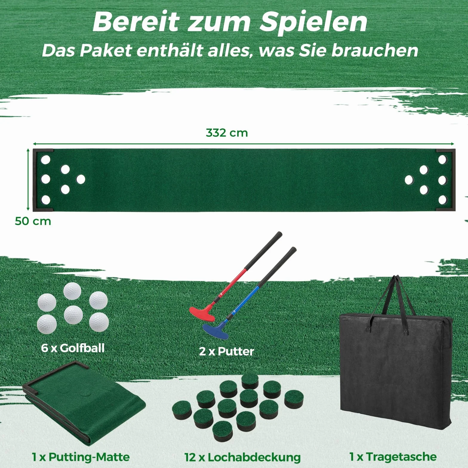 COSTWAY Mata do gry w golfa 332 x 50 cm, putting green z 2 regulowanymi kijkami do puttingu, 6 piłkami i 12 osłonami otworów, przenośna mata golfowa do użytku wewnątrz i na zewnątrz, mata do ćwiczeń