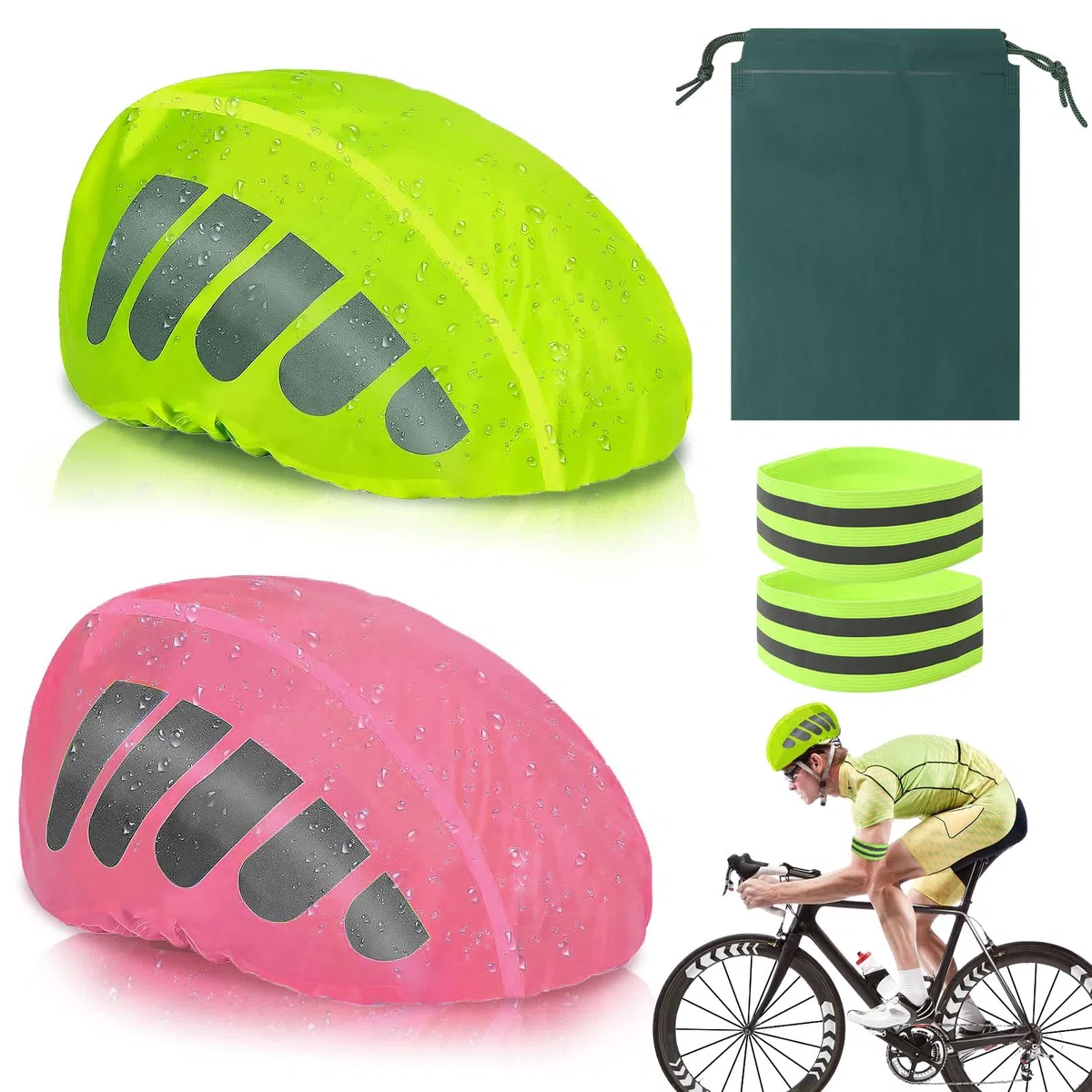 Uniwersalny kask rowerowy, ochrona przed deszczem, odblaskowy kask rowerowy, osłona przeciwdeszczowa z odblaskiem, 2 elastyczne bransoletki rowerowe na noc, 2 szt