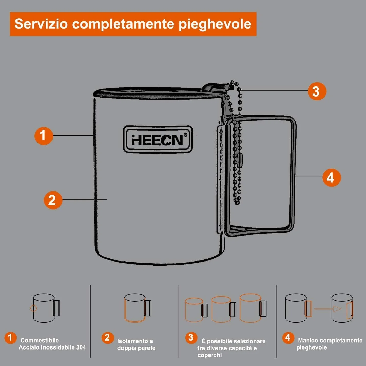 Kubek kempingowy ze stali nierdzewnej z pokrywką - składany uchwyt - kubek turystyczny - podwójna ścianka HESS-007R 330ml z hermetyczną pokrywką do picia