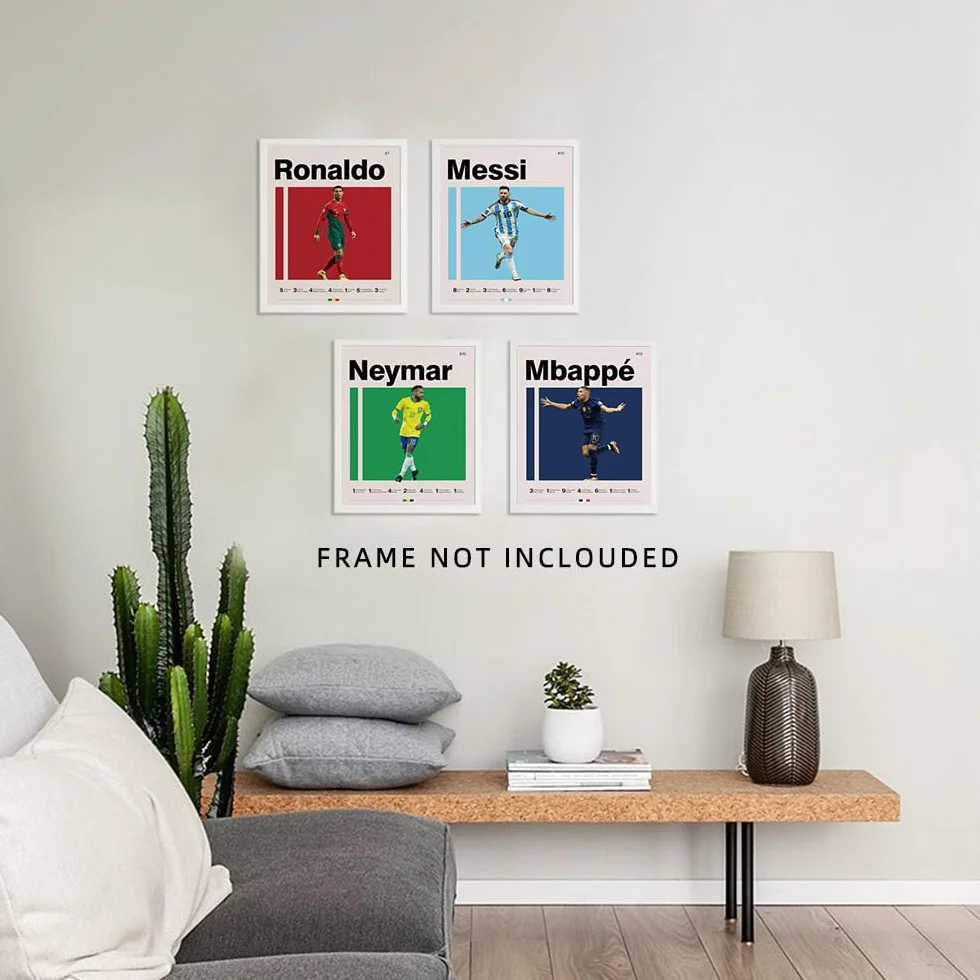Plakaty piłkarskie 8x10 calowa Druki płótna Nieoprawiony zestaw 4 - Messi, Ronaldo, Mbape i Neymar Słynna piłka nożna Plakat supergwiazdy Dekoracja sportowa Sztuka ścienna dla chłopców w sypialni