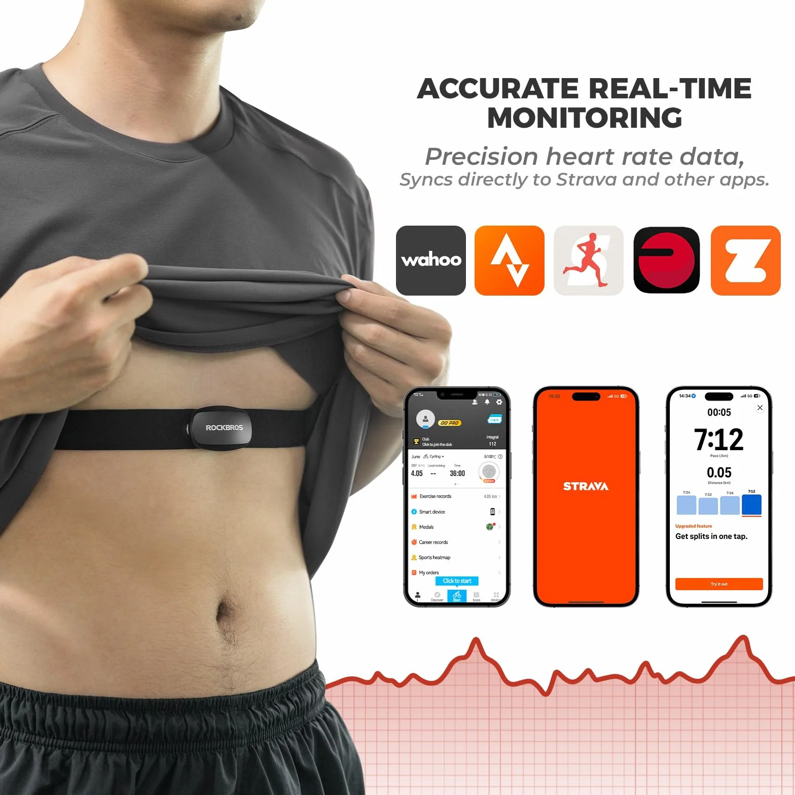 ROCKBROS Monitor tętna Bluetooth/ANT+, monitor pulsu IP67 Wodoodporny elastyczny pasek do biegania jazda na rowerze, kompatybilny z Garmin, Strava, Zwift, Wahoo, Smart Watch