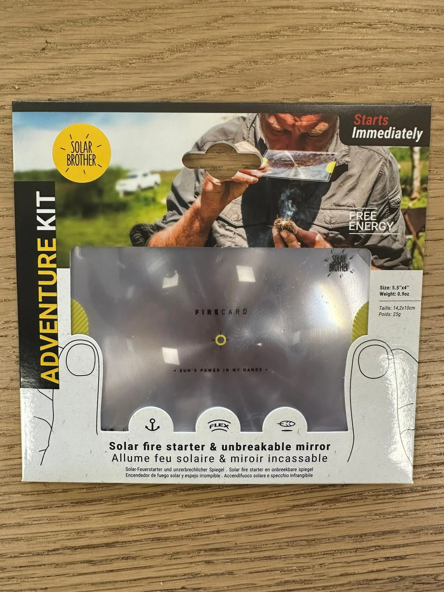 SOLAR BROTHER — Adventure Kit — Ogień i pirogrator słoneczny — kod Morse'a — Zapalniczka FIRECARD + Lustro SREFLECT + Żółta torba ochronna