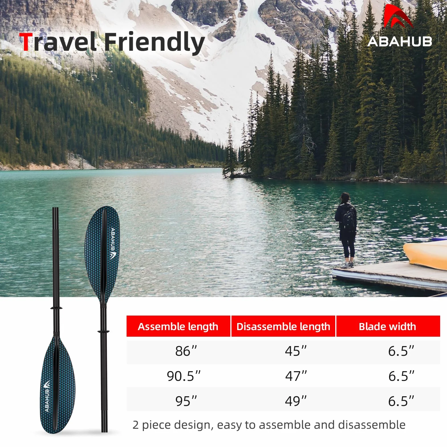 Abahub wiosło kajak podwójne aluminiowe 218/230/241 cm z paddleliną, pręt ze stopu aluminium, plastikowe ostrza czarny/biały/czerwony/niebieski