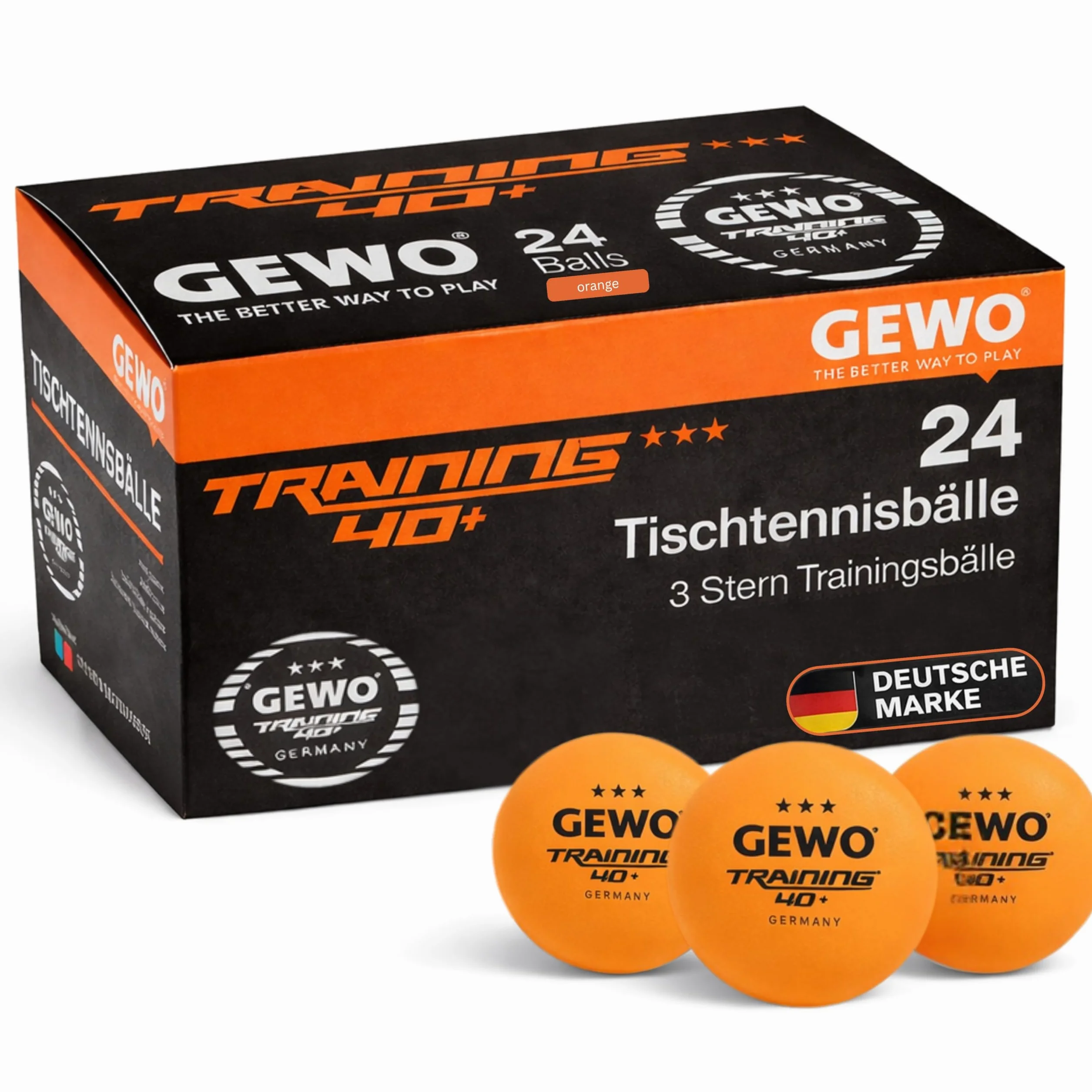 GEWO Piłki do tenisa stołowego do treningu 40+ – 3 gwiazdki z tworzywa sztucznego ABS ze szwem – wysokiej jakości piłki do ping ponga, średnica 40 mm, opakowanie zapasowe, 24 sztuki, pomarańczowe