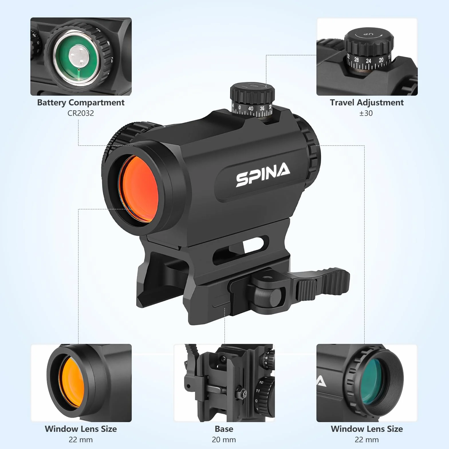 SPINA OPTICS KT-20 Red dot do karabinu 1x20mm Celownik kolimatorowy 2 MOA z mocowaniem QD