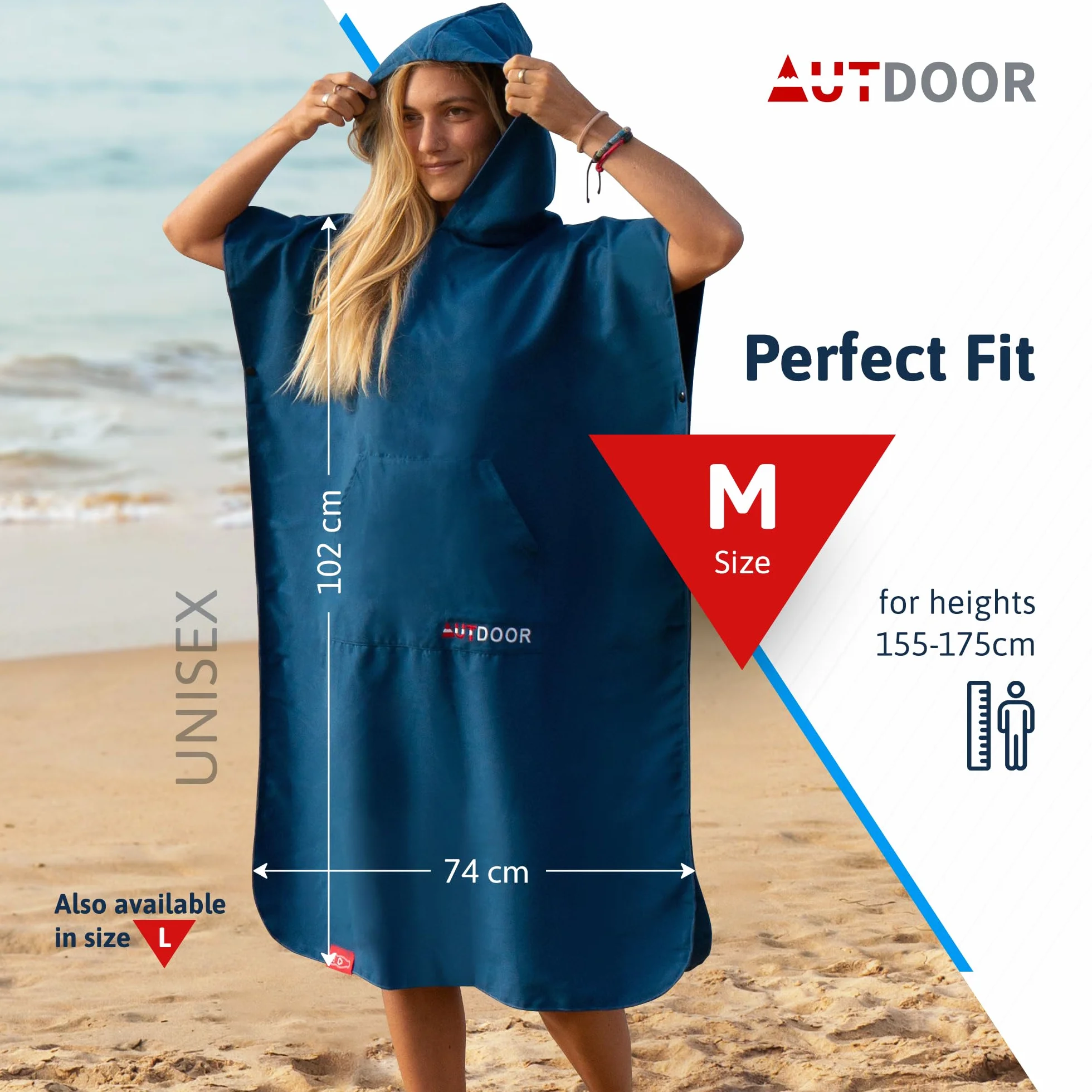 AUTDOOR® Ponczo kąpielowe z mikrofibry, dla kobiet i mężczyzn, w 100% z butelek PET pochodzących z recyklingu, ręcznik jako pomoc w przebieraniu się na plażę i do sportów wodnych – szybkoschnące i