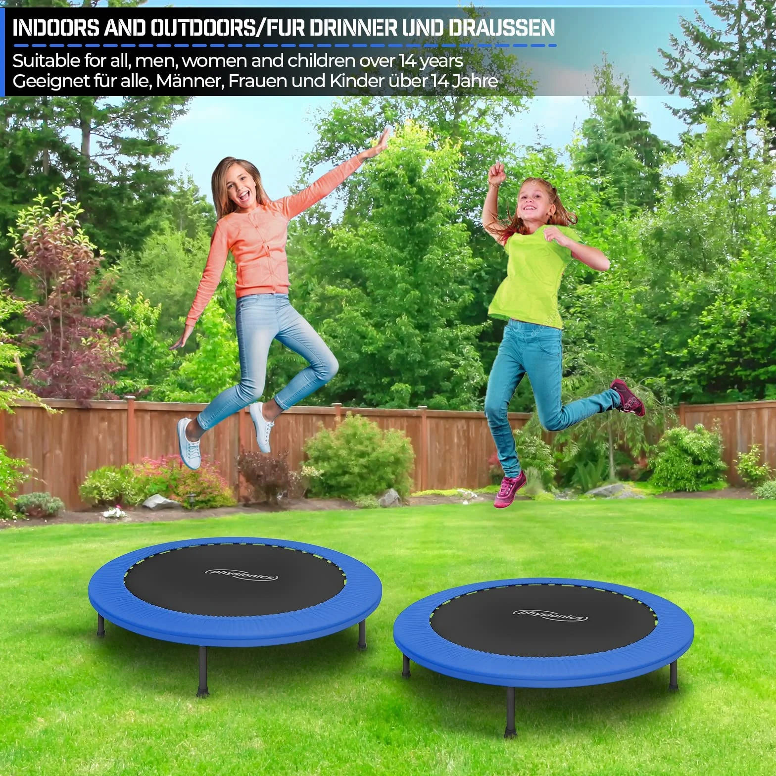 Physionics Elastyczna trampolina - średnica do wyboru (Ø 81, 91, 96, 102, 114, 122 cm), antypoślizgowe nóżki, do wewnątrz i na zewnątrz, mini trampolina, mata fitness, do skakania