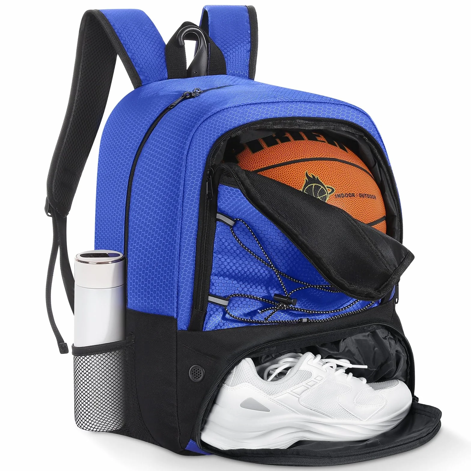 MoKo Basketball Bag Backpack, Soccer Backpack for Men & Women with Separate Ball and Shoes Compartments, Water-Resistant, Fence Hook, Sports Bag for Clothes, Shoes, Tablets, Laptops, Blue