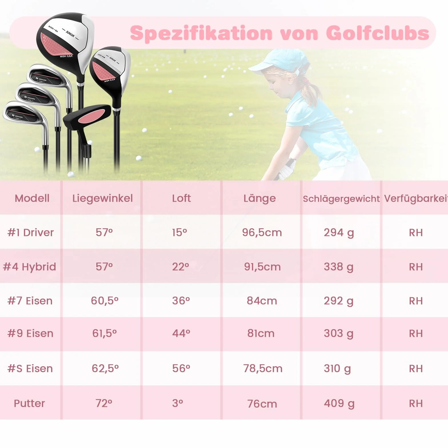 COSTWAY 6-częściowy zestaw kijów golfowych dla dzieci, zestaw kijów golfowych z torbą golfową i osłoną przeciwdeszczową, kompletny zestaw golfowy z żelazkiem 7/9/S, 1 Driver, 4 Hybrid i putter dla