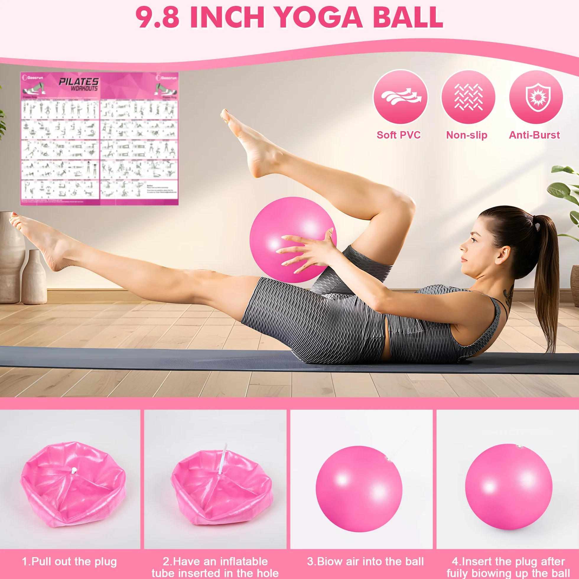 Goocrun Zestaw pierścionków do pilatesu, sprzęt do ćwiczeń z materiałowymi taśmami oporowymi, piłką do pilatesu, płytami ślizgowymi – sprzęt treningowy, do domu, na siłownię, kompletny plakat fitness