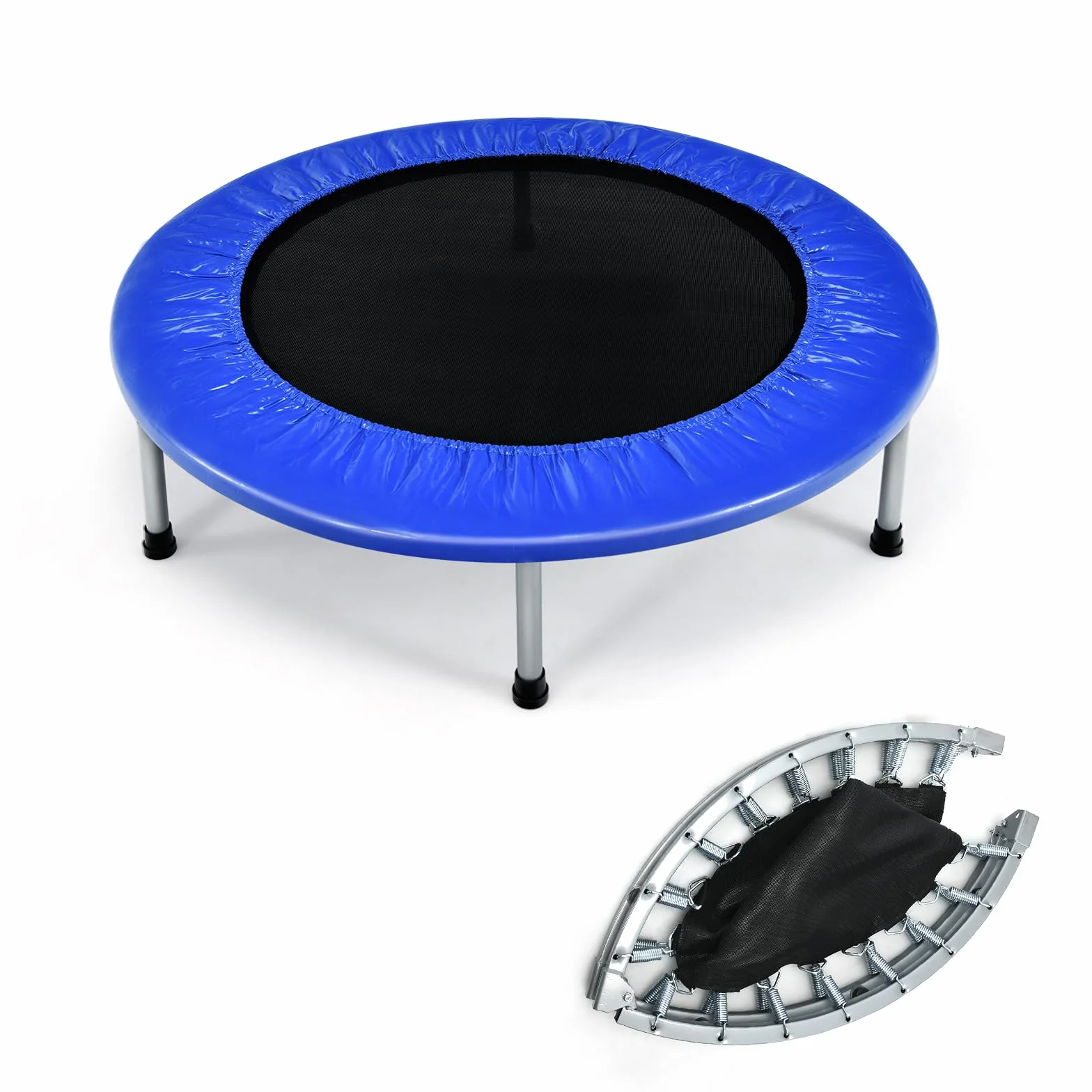 KOMFOTTEU Mini trampolina Ø96 cm, składane elastyczne łóżko fitness, trampolina dla dzieci o pojemności 150 kg, z antypoślizgowymi stopami do treningu wewnątrz i na zewnątrz