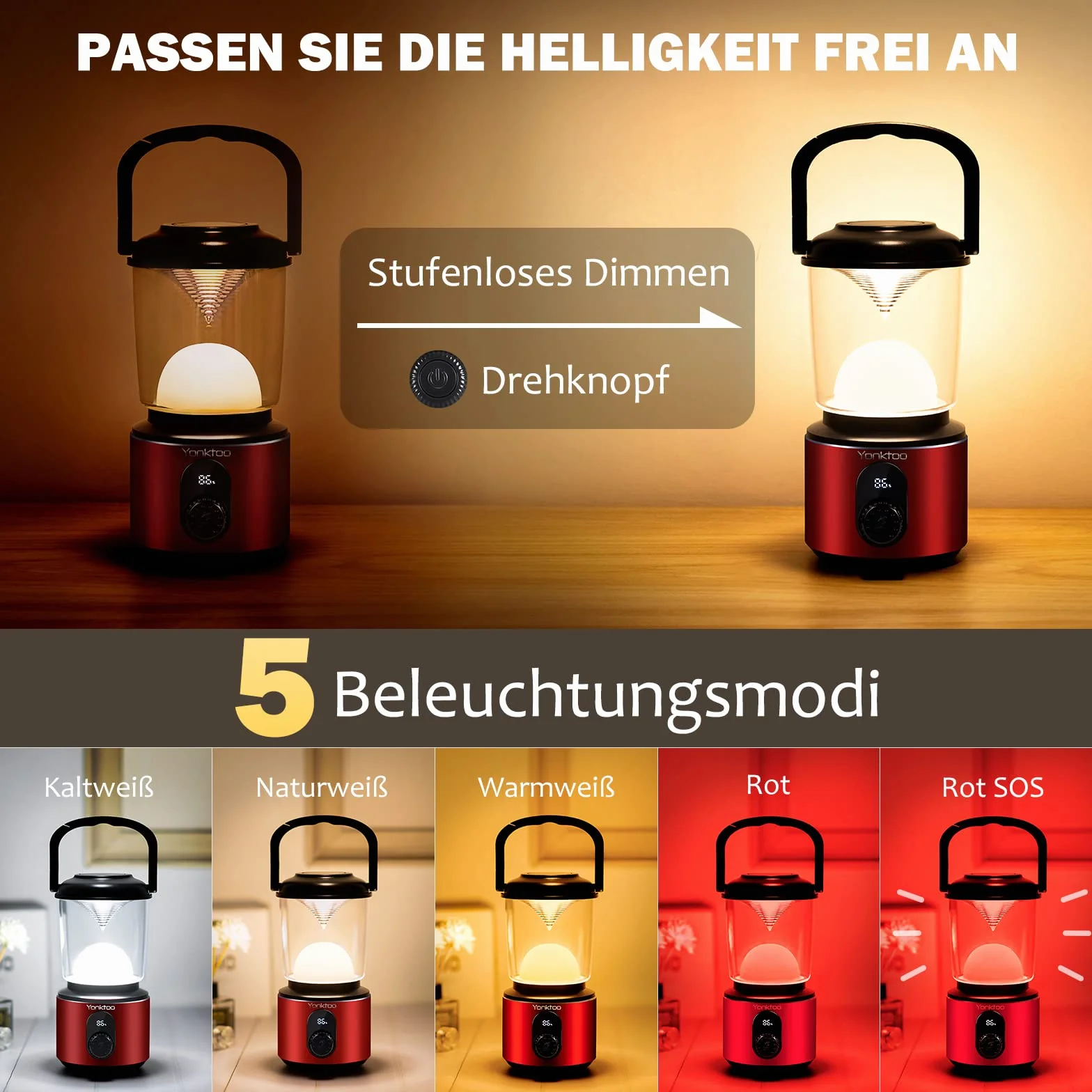 Yonktoo Oświetlenie kempingowe, 10400 mAh, latarnia kempingowa, USB-C z ekranem LED, lampa kempingowa działa 350 godzin, 5 trybów świecenia, wodoodporne światła namiotowe do wędkowania, wędrówek