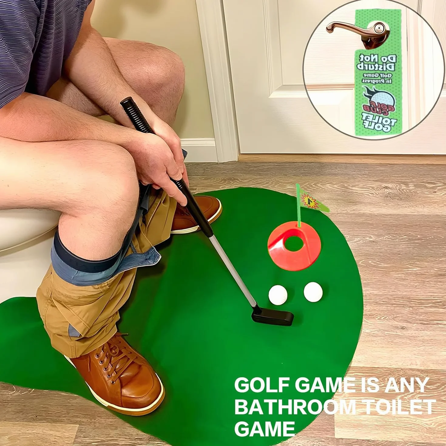 Kiuiom Zestaw do golfa toaletowego, gra w golfa z kijem i piłkami, gra toaletowa, mini golf, zabawny prezent dla mężczyzn z kijem golfowym 64 cm, matą, 2 piłkami golfowymi i hakiem do bramki