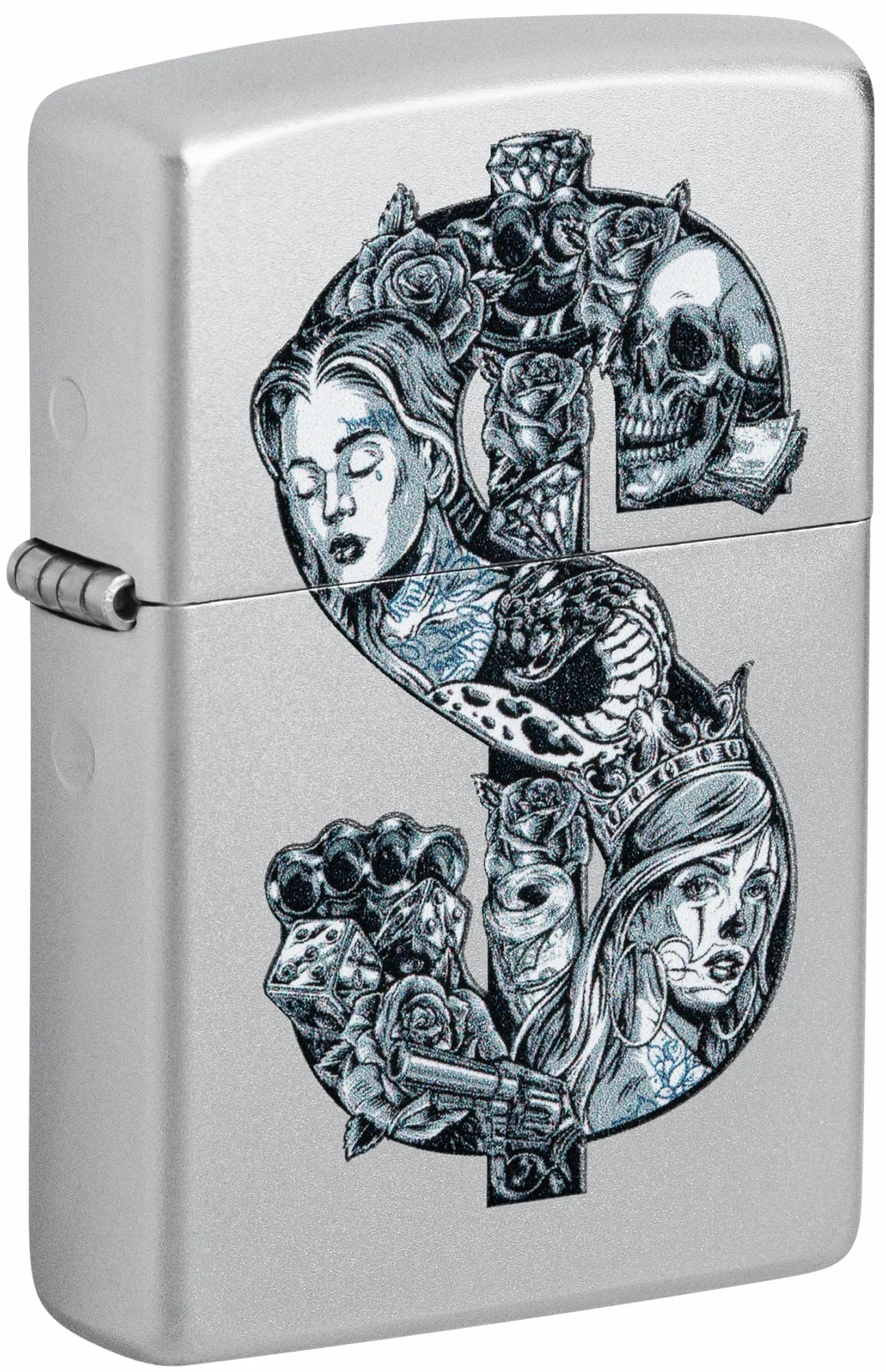 Zippo Tattoo Dollar Zapalniczka Sztormowa, Kolorowy Nadruk, do Napełniania, Wielokrotnego Użytku, Wiatroodporna Konstrukcja, Pudełko na Prezent, Wykonano w USA, Kolor Satynowy Chrom
