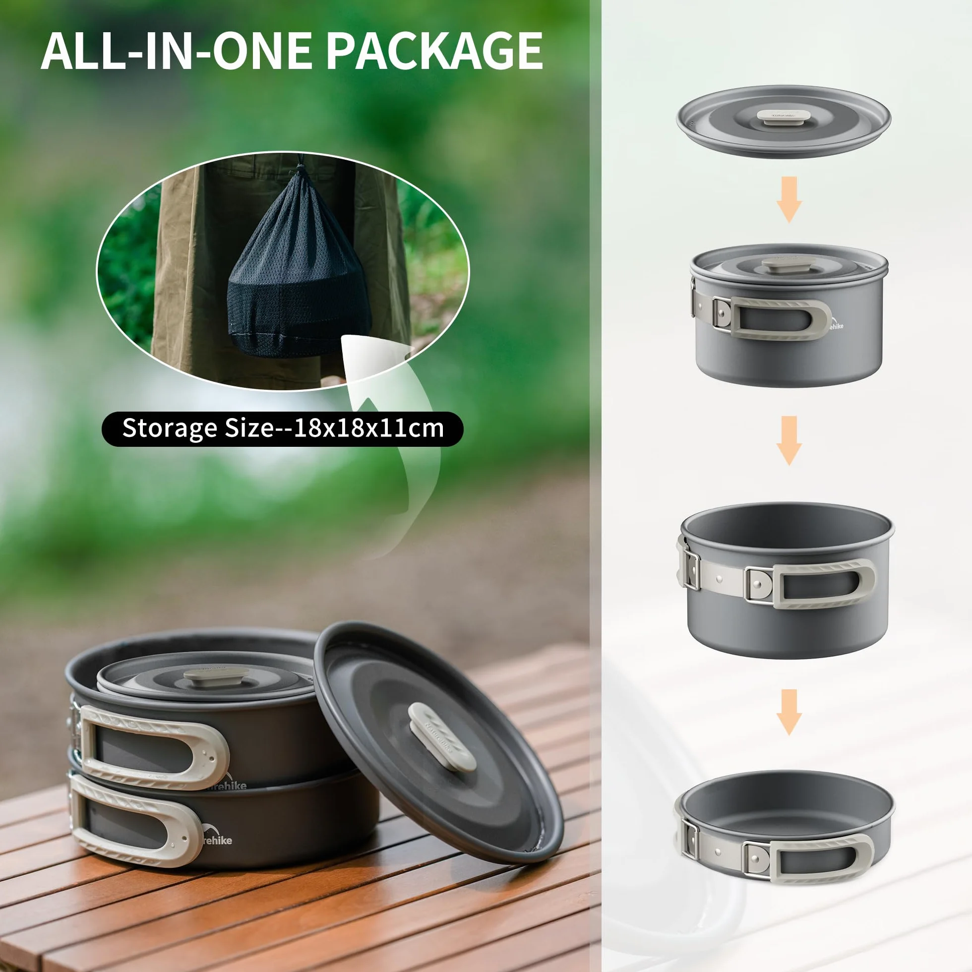 Naturehike 2-4 & 4-7 oosoby zestaw naczyń kempingowych, przenośne naczynia kempingowe z aluminium, patelnie, garnki, na wycieczki z plecakiem, wędrówki