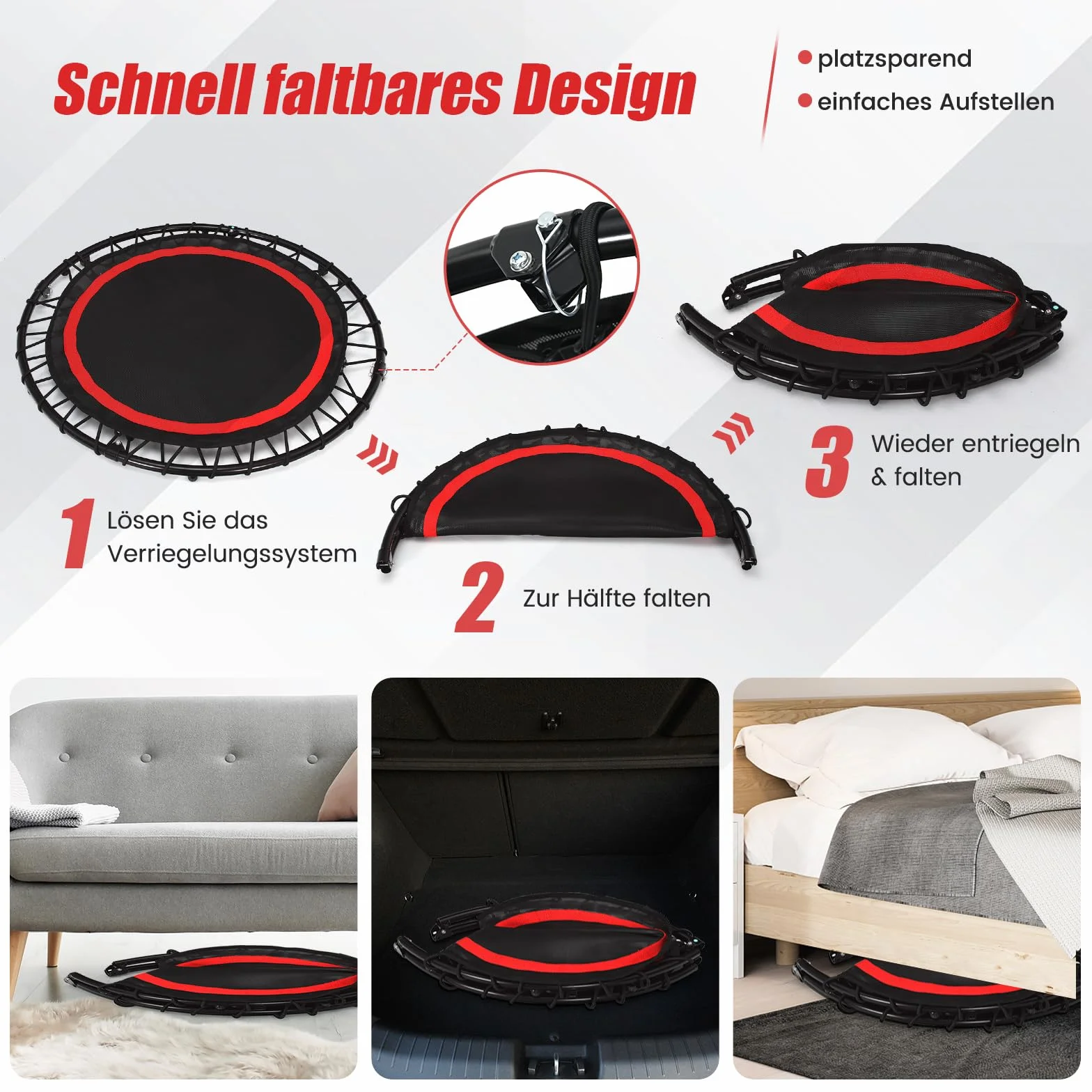 COSTWAY Trampolina Fitness φ101 cm z Uchwytem Regulowanym, Składana, 150 kg