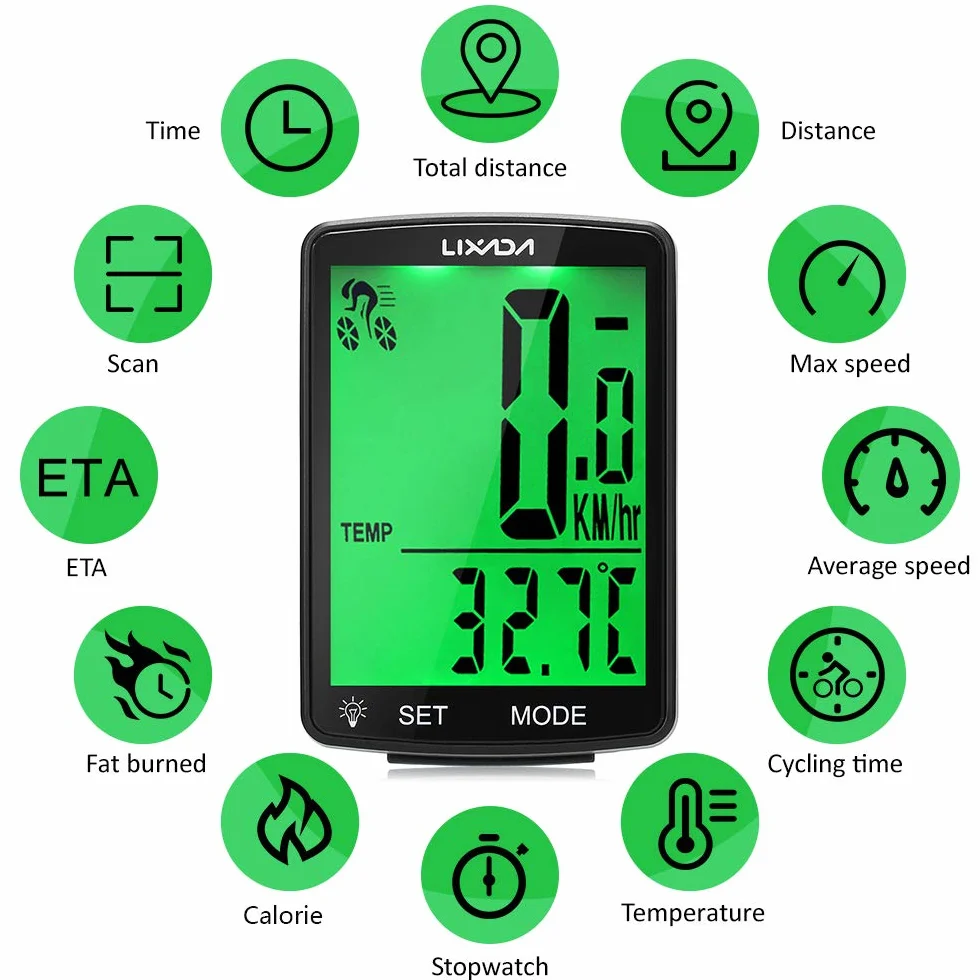 Lixada Bezprzewodowy licznik rowerowy z 2,8 cala Wielofunkcyjny francuski wyświetlacz LCD HD ekran IPX6 wodoodporny komputer rowerowy miernik temperatury 80 x 54,5 mm