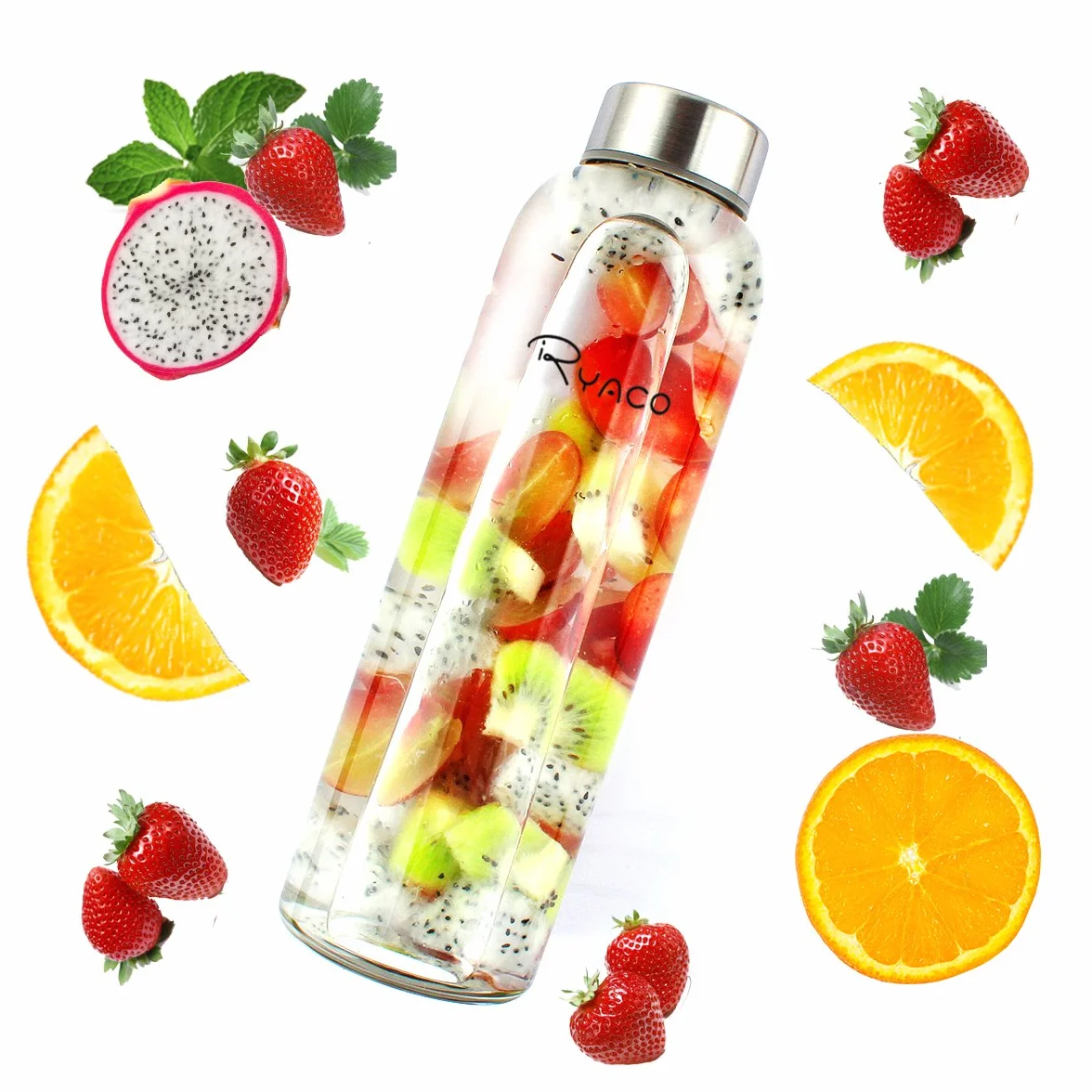 RYACO Butelka na wodę ze szkła borokrzemowego, 550 ml, bez BPA, szczelna, do szkoły, domu, biura, podróży, sportu, jogi, siłowni, gorących/zimnych napojów, z neoprenowym rękawem i szczotką z gąbki