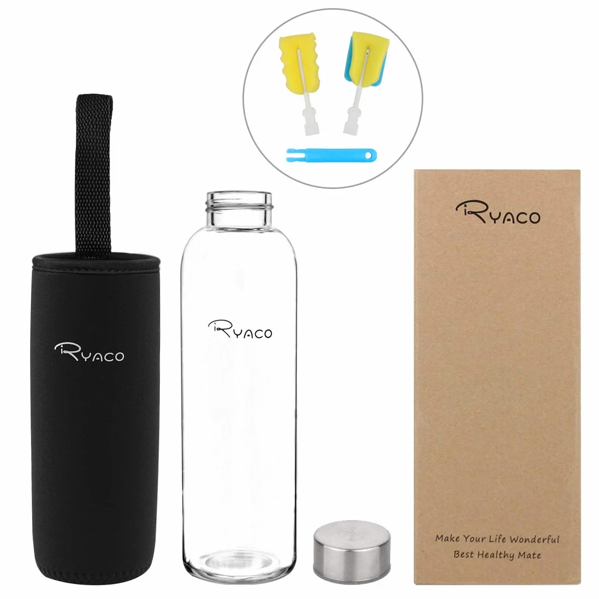 RYACO Butelka na wodę ze szkła borokrzemowego, 550 ml, bez BPA, szczelna, do szkoły, domu, biura, podróży, sportu, jogi, siłowni, gorących/zimnych napojów, z neoprenowym rękawem i szczotką z gąbki