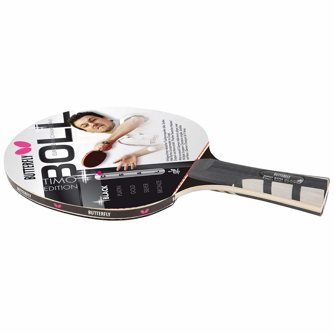 Butterfly® Timo Boll Platinum 85025 rakieta do tenisa stołowego, rakieta do tenisa stołowego, dla zaawansowanych graczy, z certyfikatem ITTF Pan Asia, anatomiczny kształt uchwytu