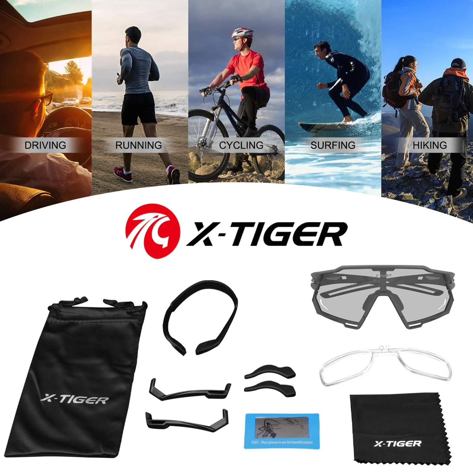 X-TIGER Okulary rowerowe, samonośne, męskie, damskie, oprawki TR90, okulary sportowe, samotonujące, UV400, fotochromatyczne okulary przeciwsłoneczne, MTB, przezroczyste okulary rowerowe