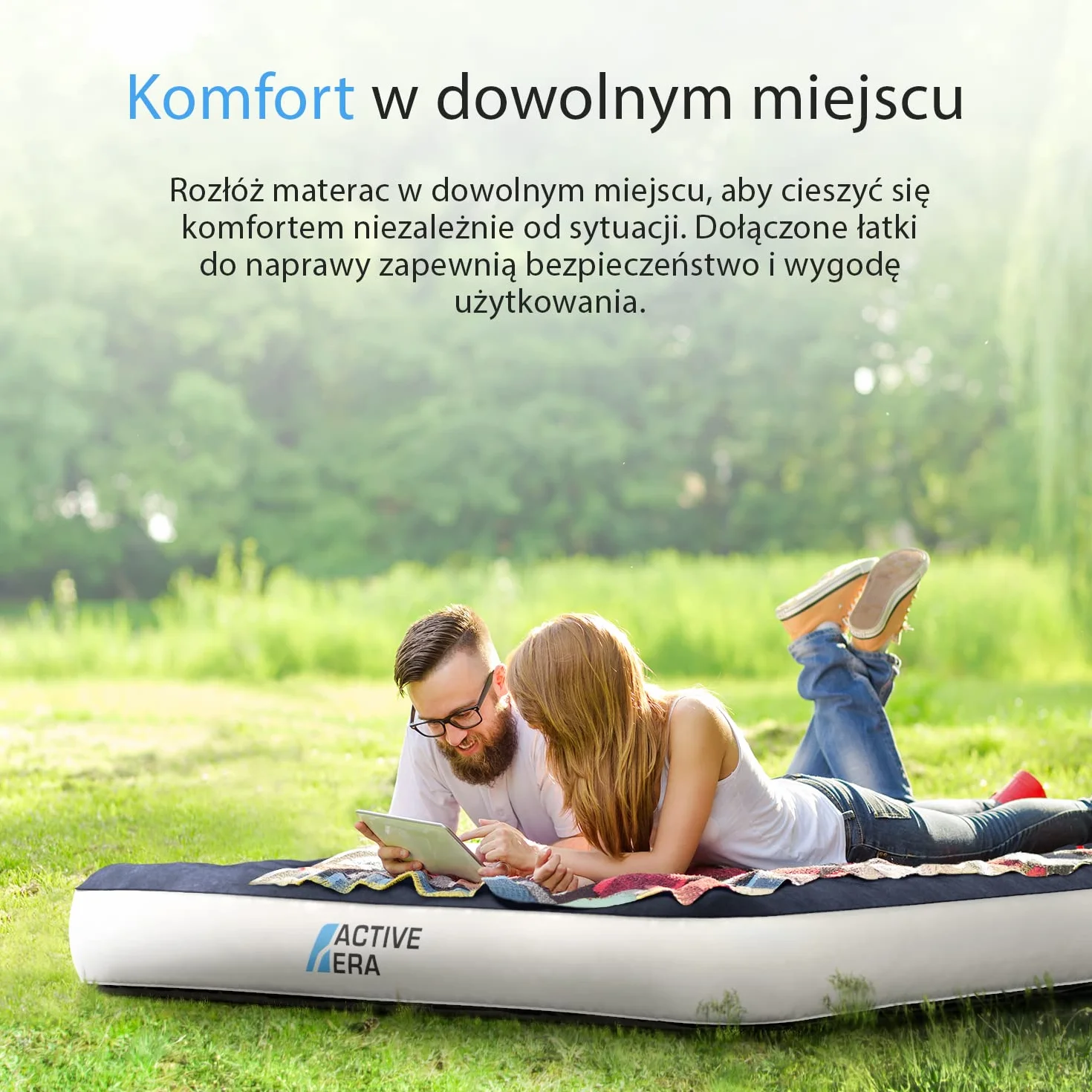 Active Era Materac Dmuchany Samopompujący Podwójny 150x200cm Ładowaną Pompką Wodoodporny