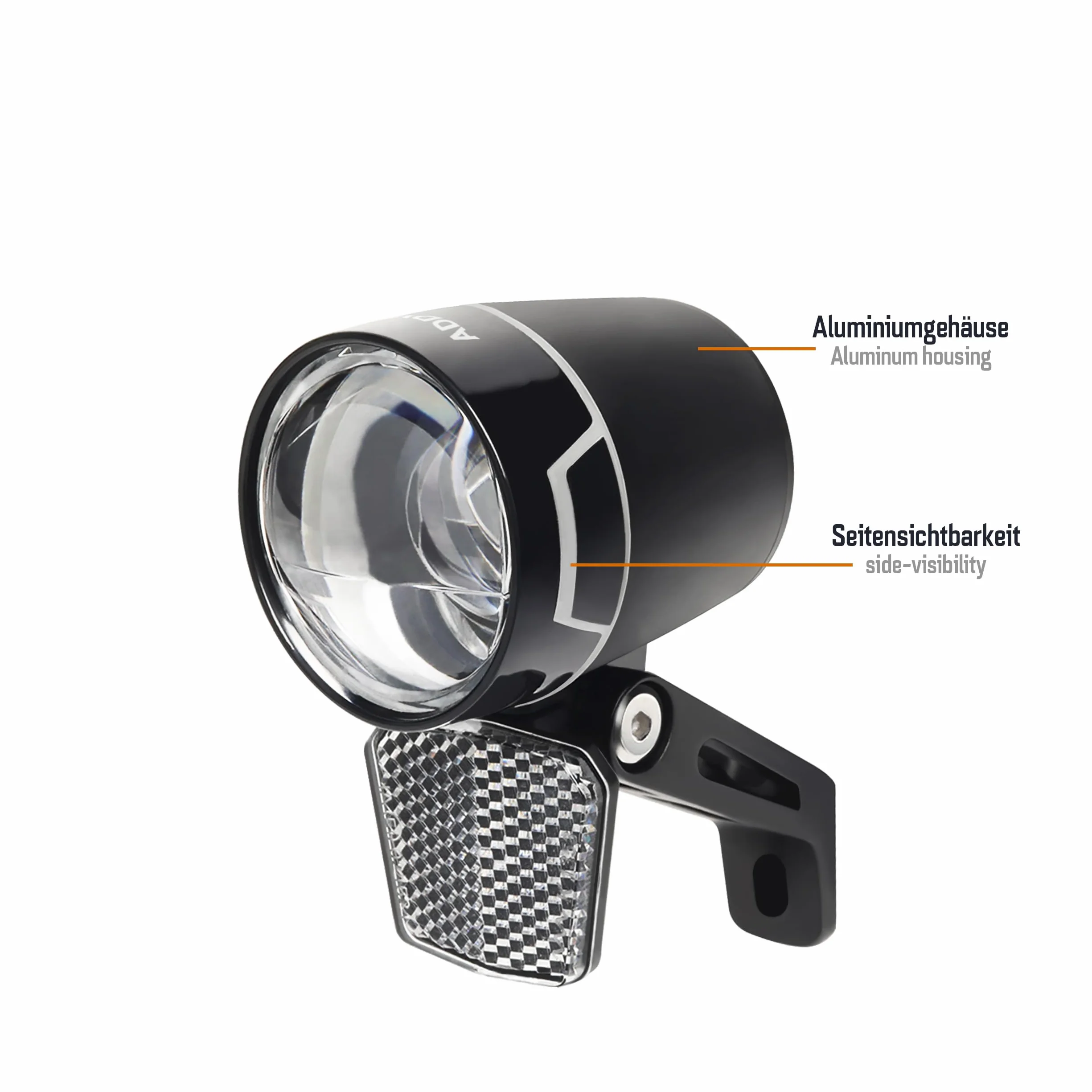 ADDVIEW Przednie światło do roweru elektrycznego 100 Lux Nova E100 – certyfikat StVZO, wodoszczelność IP65, technologia podwójnego obiektywu, do 6 V - 48 V DC, aluminiowa obudowa, nieoślepiający but