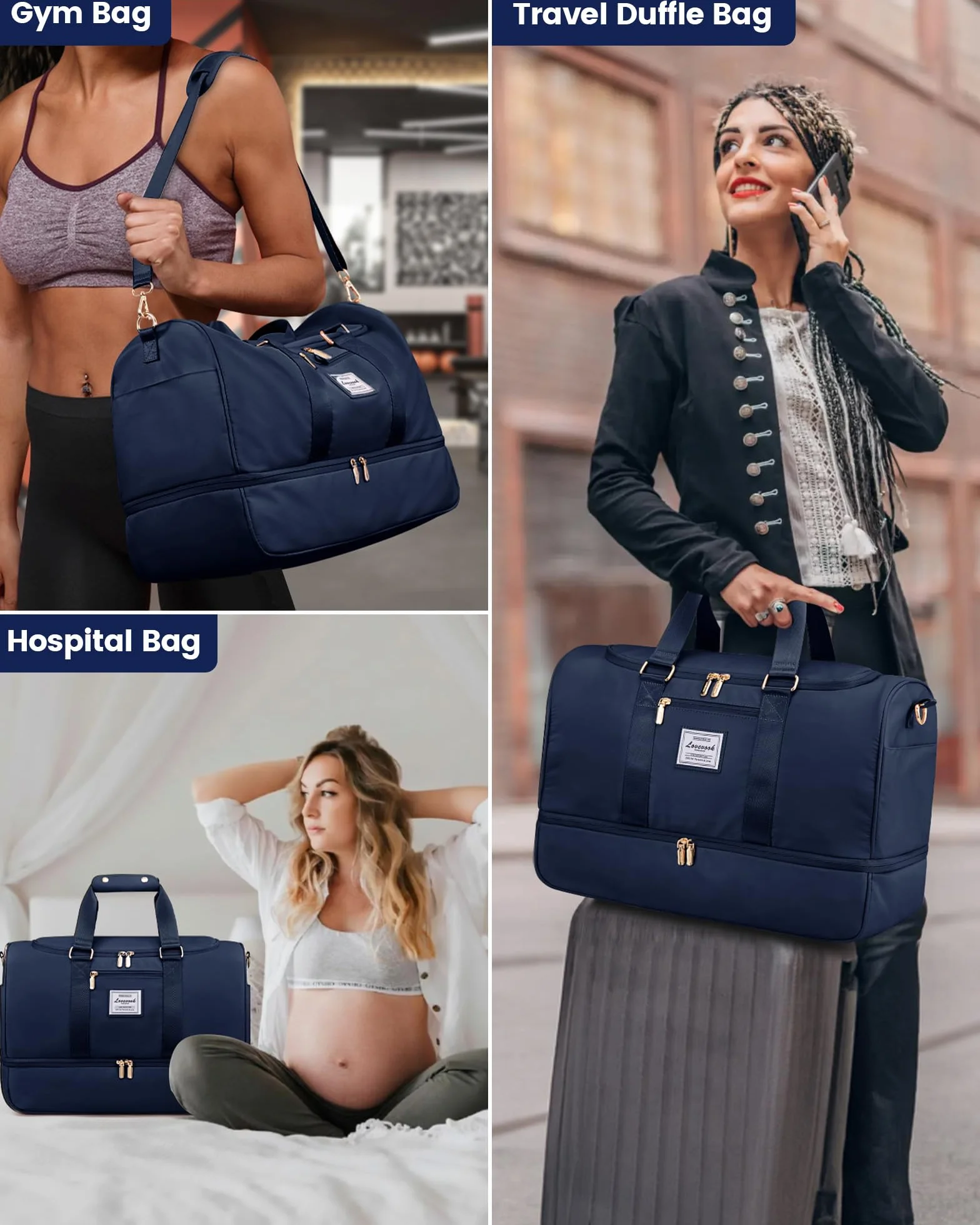 LOVEVOOK Duża Torba Sportowa Podróżna Weekendowa Damska z Kosmetyczką, Przegrodą na Buty i Kieszenią na Mokre Buty - Wodoszczelna Gimnastyczna