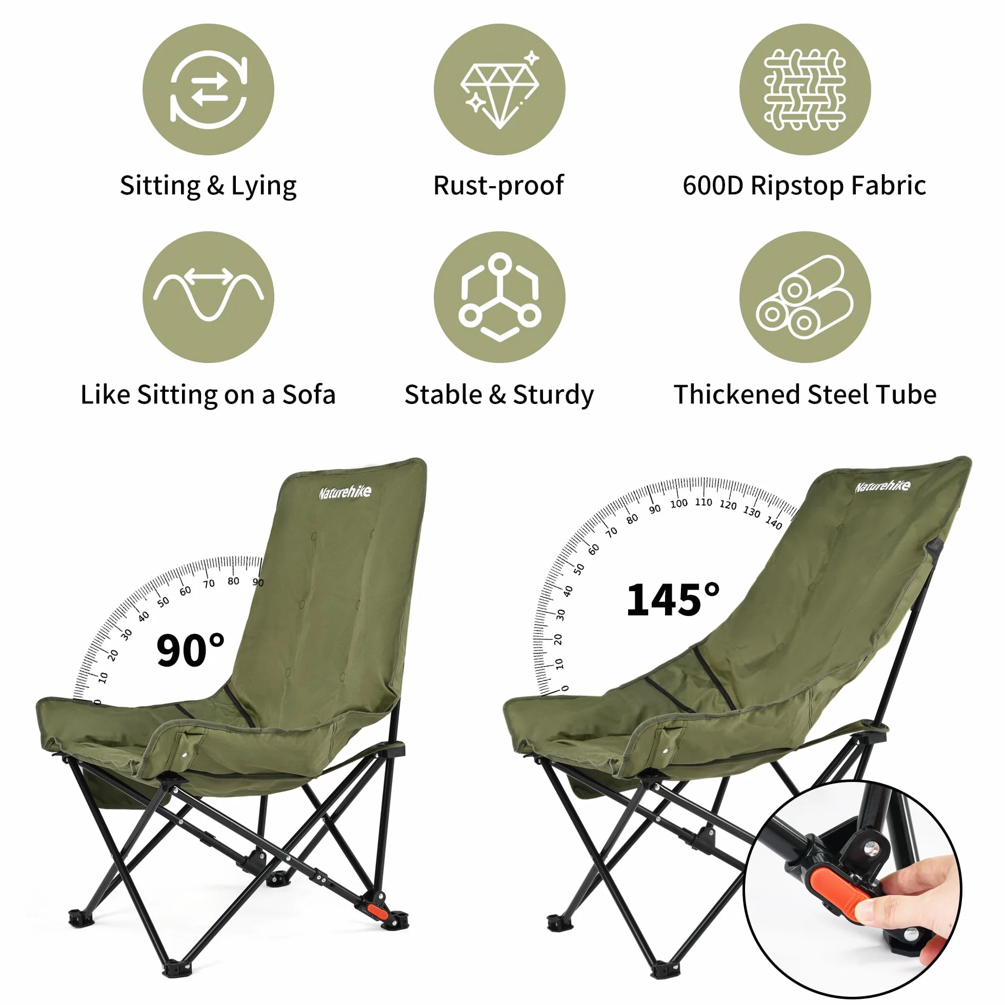 Naturehike Sea Star Krzesło Składane Lehkie Krzesło Kempingowe Z Wysokim Oparciem Większe Krzesło Kempingowe Wyściełane XXL Z Torbą Relax Krzesło Do Campingów Ogrodu Balkonu Plaży (Zielony)