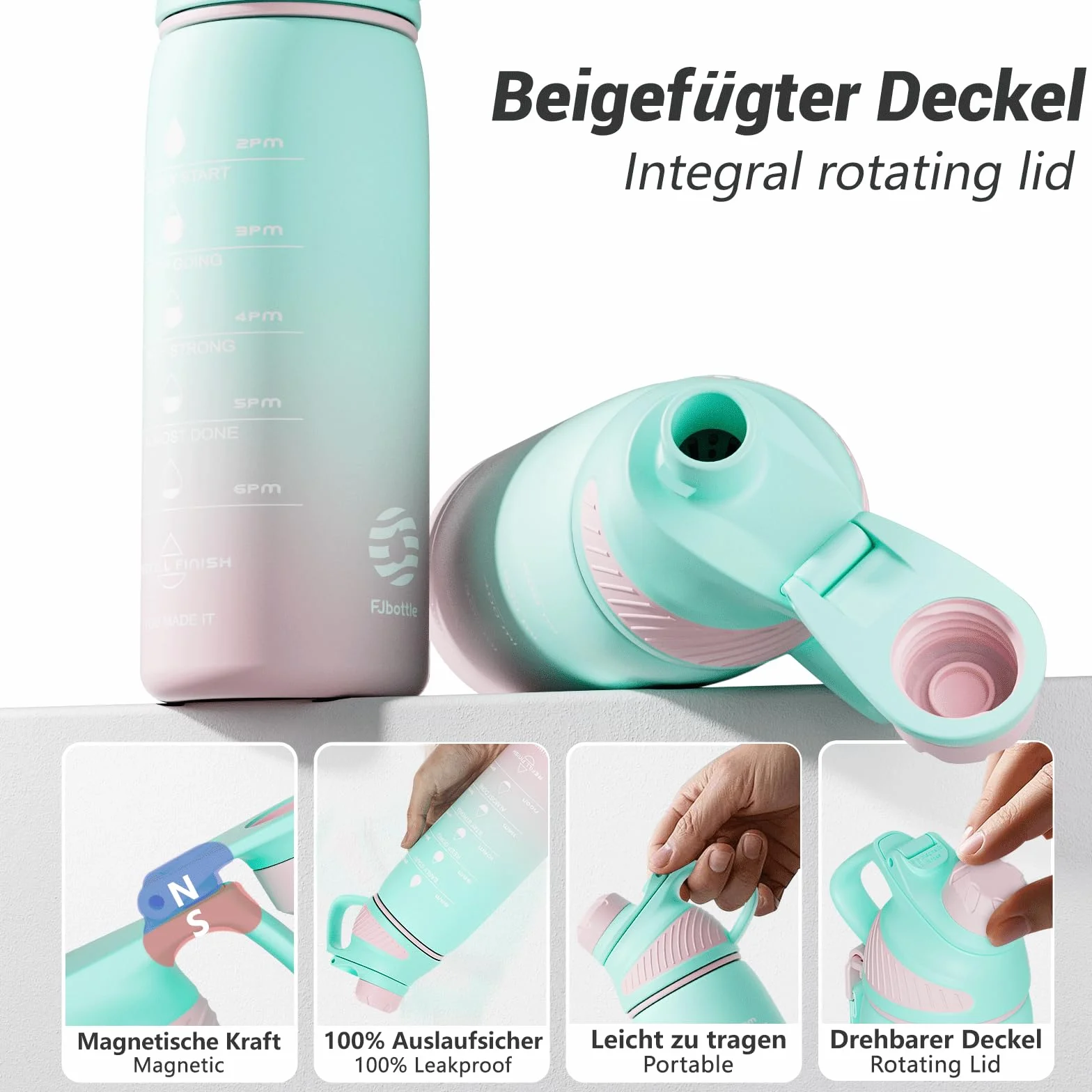 Fjbottle Butelka na wodę 1L/710 ml - motywacyjny plastik z pokrywką magnetyczną do studia fitness, szkoły, jazdy na rowerze i sportu, bez wycieków i bez BPA