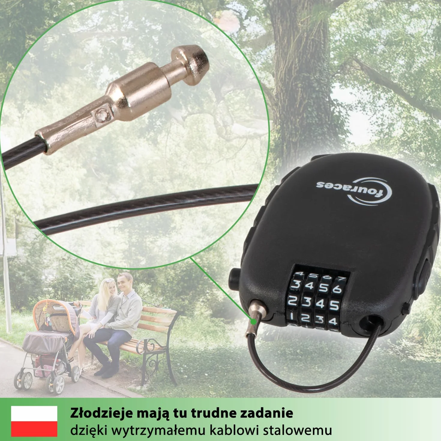 fouraces mini zamek linkowy 70 cm, wysuwany 4-cyfrowy szyfrowy – do hulajnogi, roweru (szosowego), wózka dziecięcego i sprzętu narciarskiego
