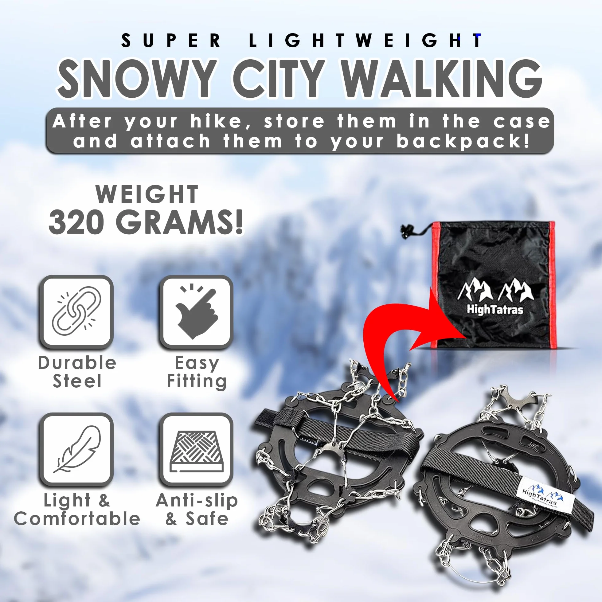 HighTatras Raczki na buty- 8 lub 18 stalowych zębów,Górskie Nakładki na Buty do Zimowych Wędrówek, Biegania, Trekkingu Rozmiar M/L/XL Spacery