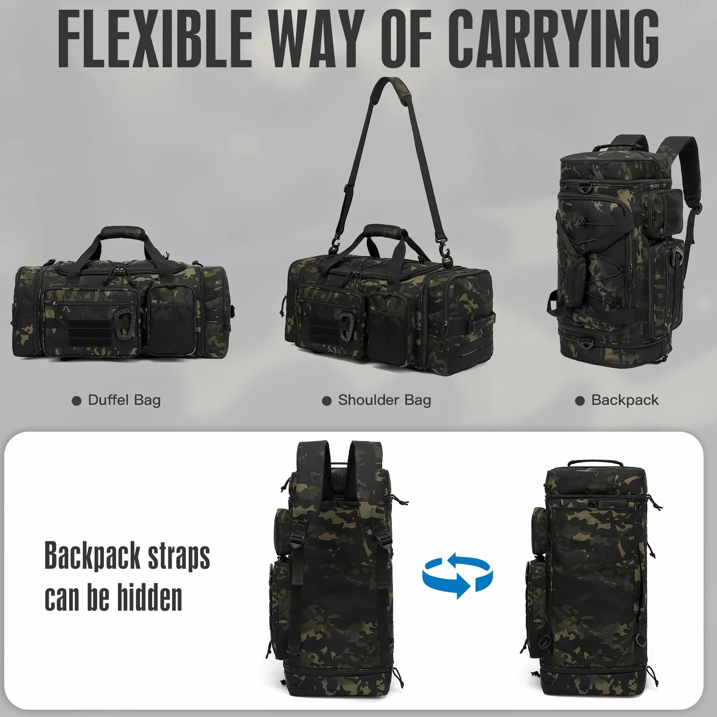 Męska taktyczna torba sportowa 50-55 l, rozciągliwa, duża torba fitness 3 w 1, wojskowa torba podróżna, Kamuflaż, 68.5 cm x 26.5 cm x 30.5 cm, podróże, siłownia, sport, kemping, weekend