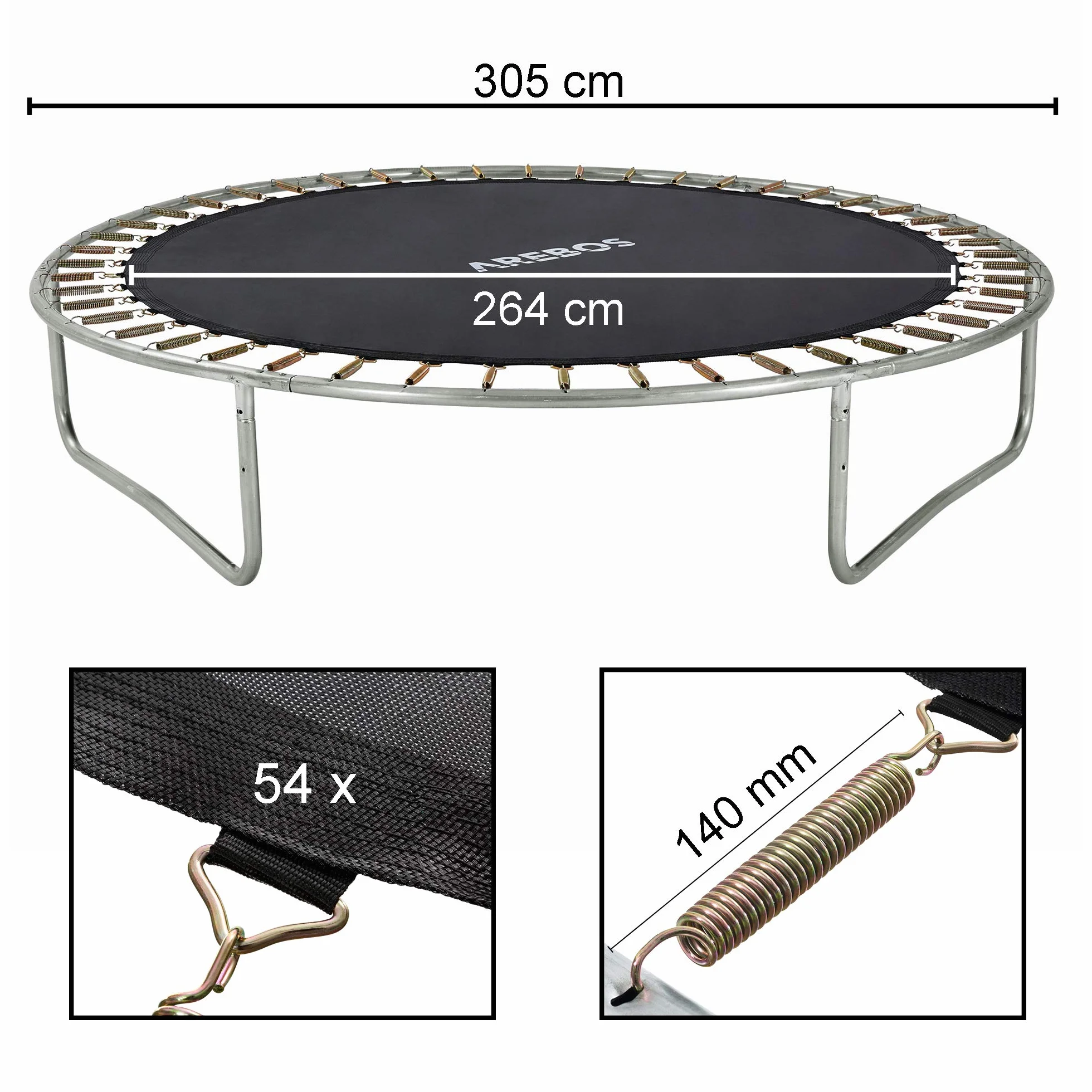 Arebos Mata do trampoliny Ø 264 cm, do trampolin o średnicy 305 cm, 54 oczek i długości sprężyny 140 mm, mata do skakania, obciążenie 150 kg, 9-krotne szwy, polipropylen