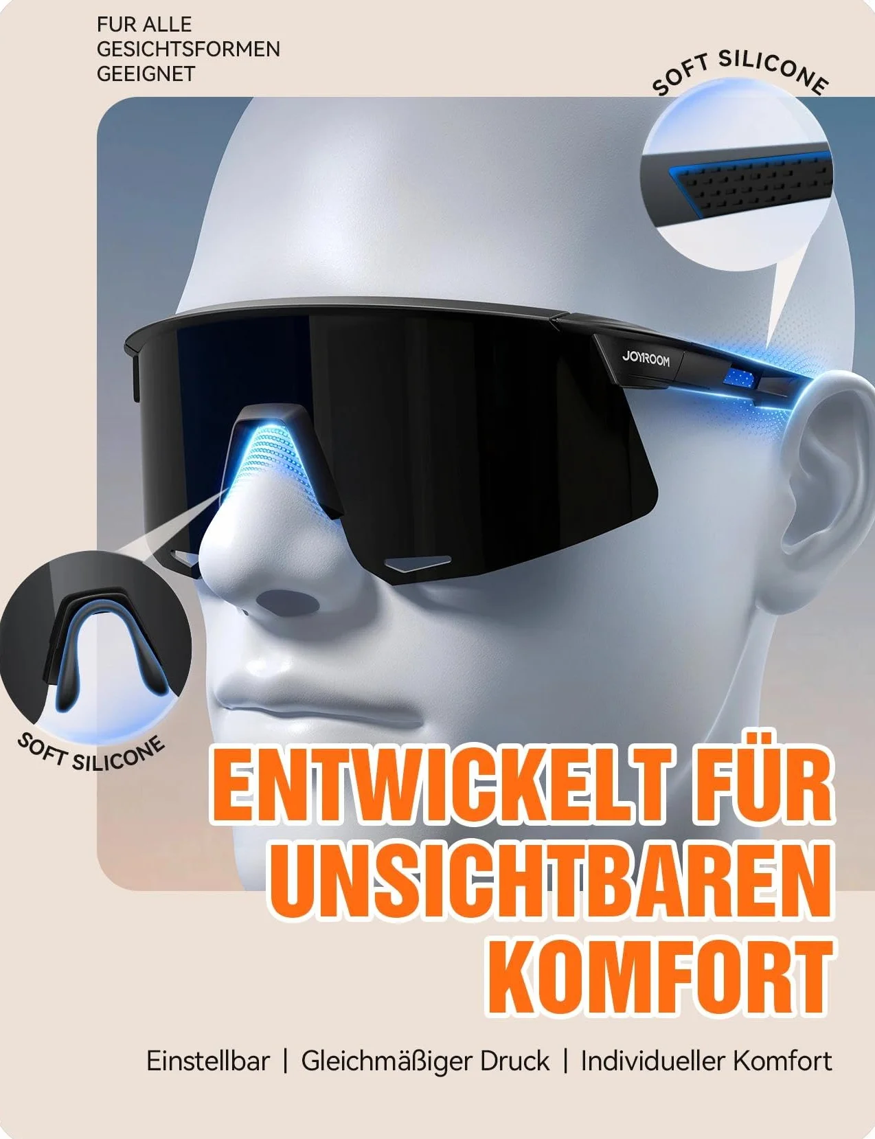 JOYROOM Okulary Sportowe dla Mężczyzn i Kobiet UV400 Ochrona Okulary Rowerowe do Biegania Jazdy Turystyki z Lekką Ramą TR90, Regulowalną Poduszką Nosa i Giętymi Wąsami