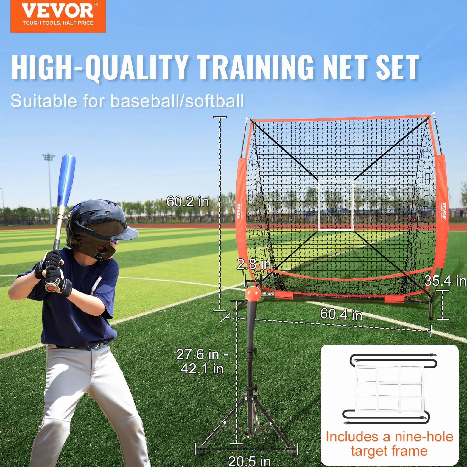 VEVOR 2,1 x 2,1 m siatka treningowa do softballu, przenośna siatka treningowa do uderzania, łapania mrugnięcia, sprzęt baseballowy, pomoce treningowe ze strefą uderzenia (Tylko netto)