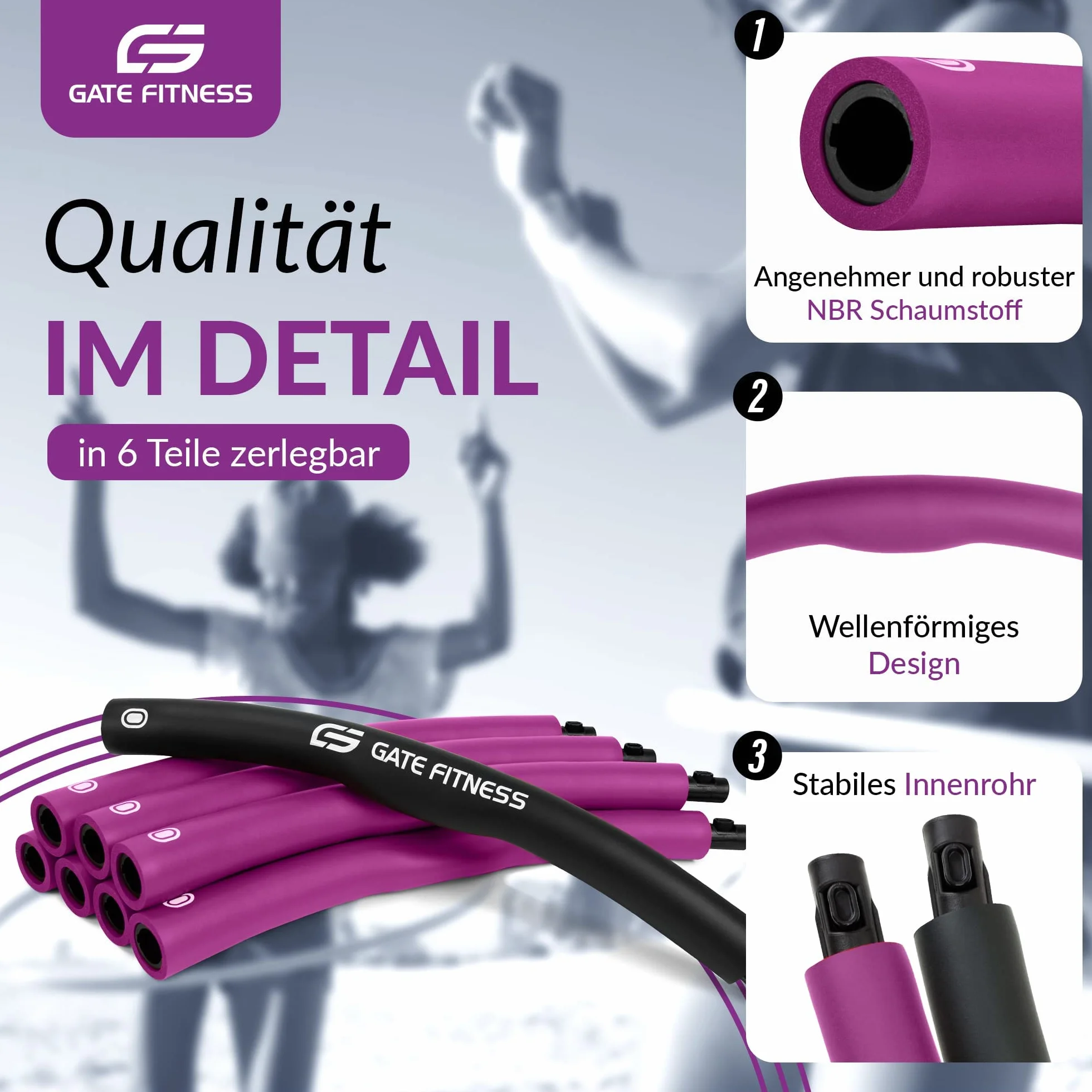GATE FITNESS Hula Hop dla dorosłych i dzieci, odchudzanie, 1,2-2 kg, 6-8 segmentów, wzór falisty, pianka